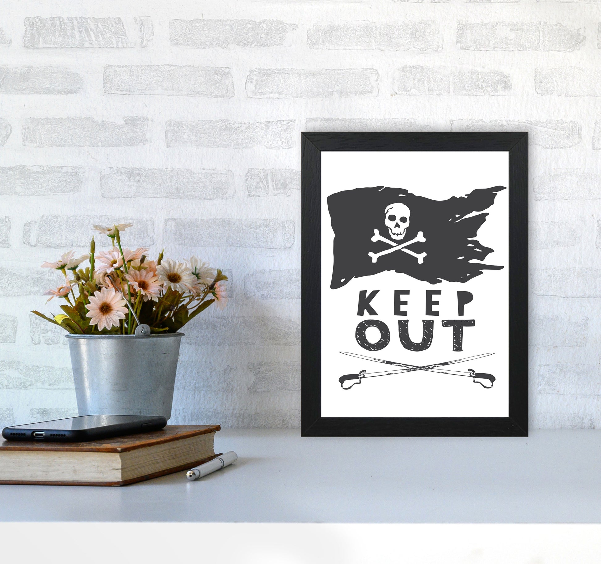 Pirate Keep Out Framed Nursey Wall Art Print A4 White Frame