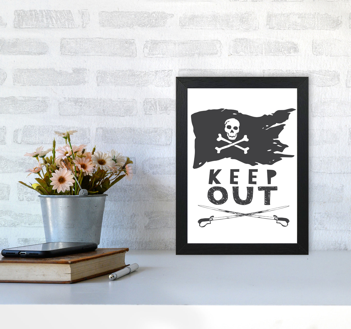 Pirate Keep Out Framed Nursey Wall Art Print A4 White Frame
