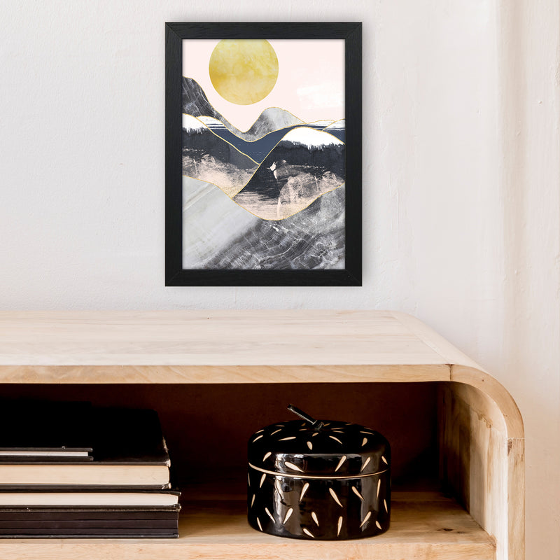 Gold Moon Navy Marble Mountains  Art Print by Pixy Paper A4 White Frame