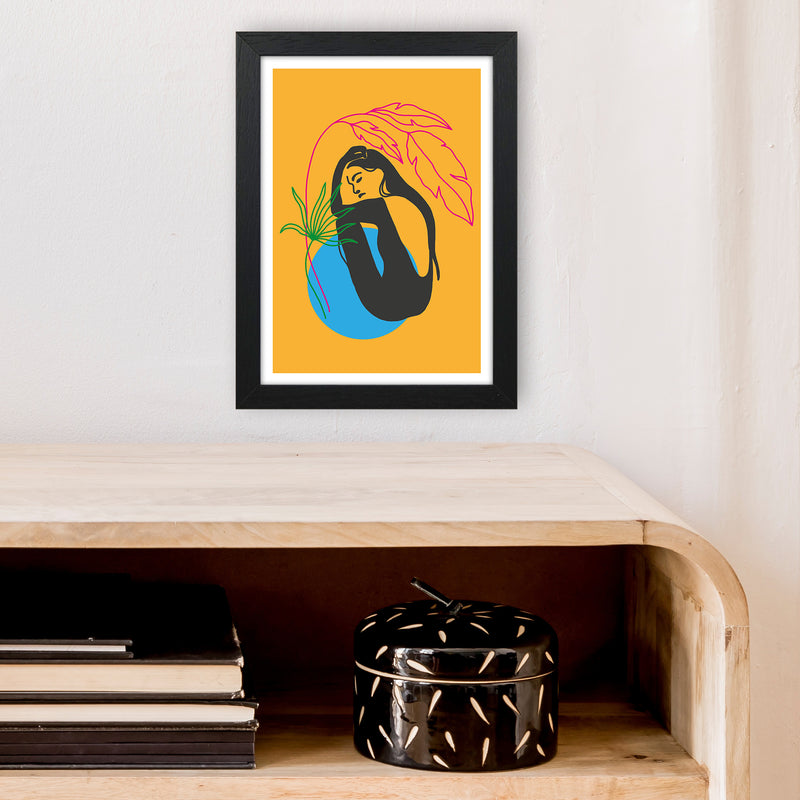 Girl Under Plant Yellow Neon Funk  Art Print by Pixy Paper A4 White Frame