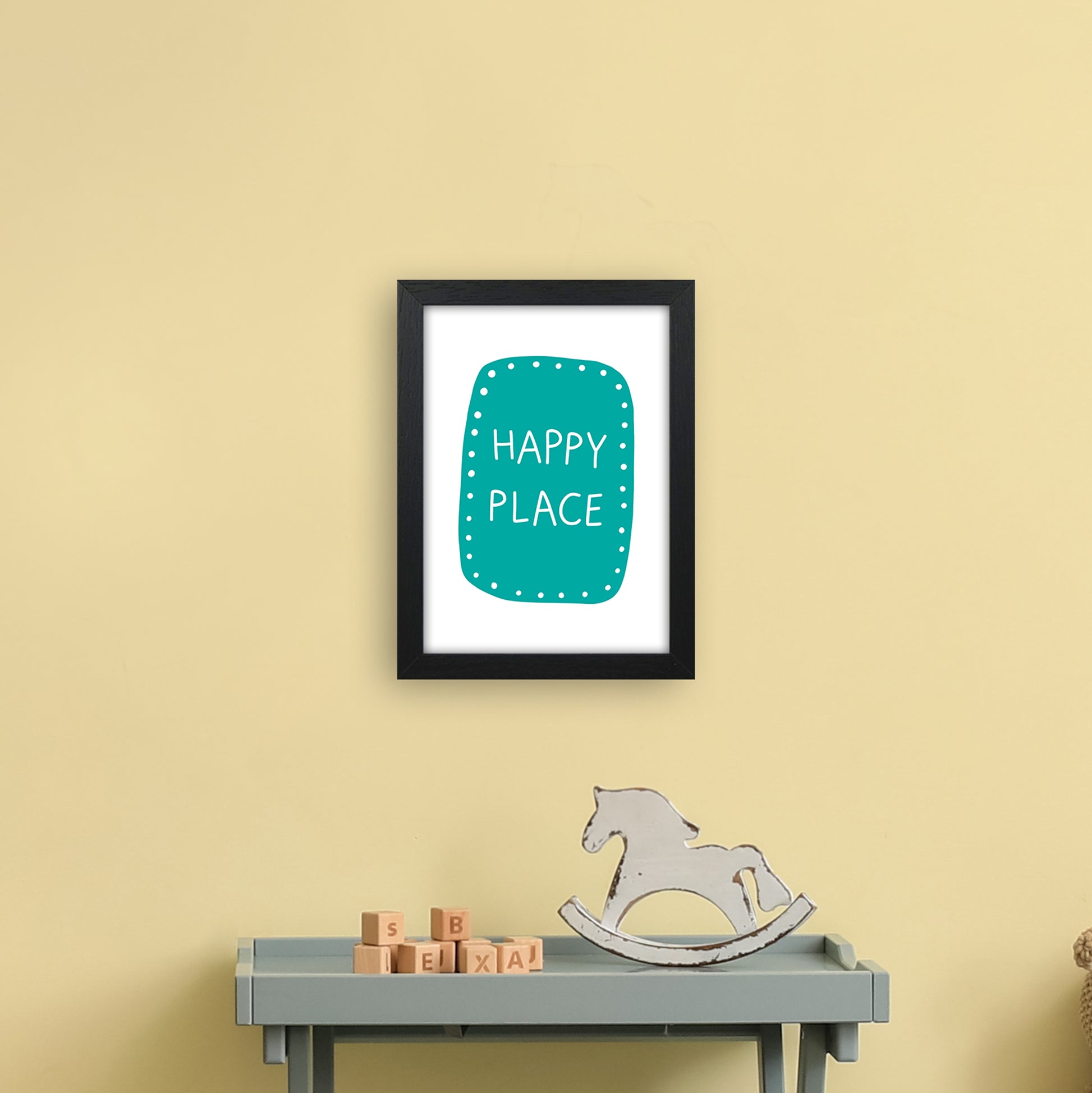 Happy Place Teal Super Scandi  Art Print by Pixy Paper A4 White Frame
