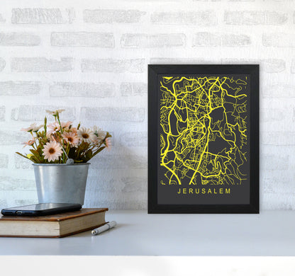 Jerusalem Map Neon Art Print by Pixy Paper A4 White Frame
