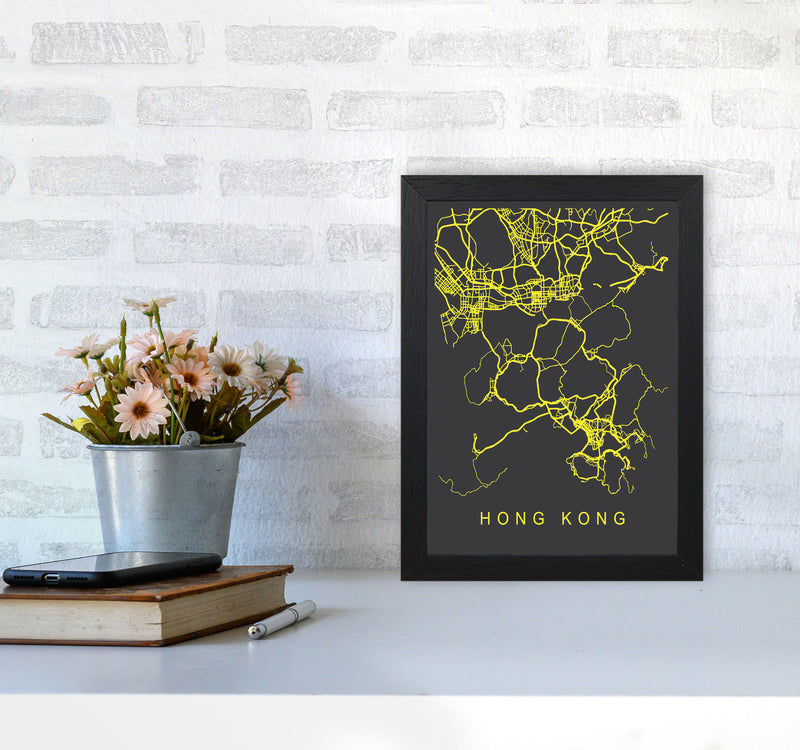 Hong Kong Map Neon Art Print by Pixy Paper A4 White Frame
