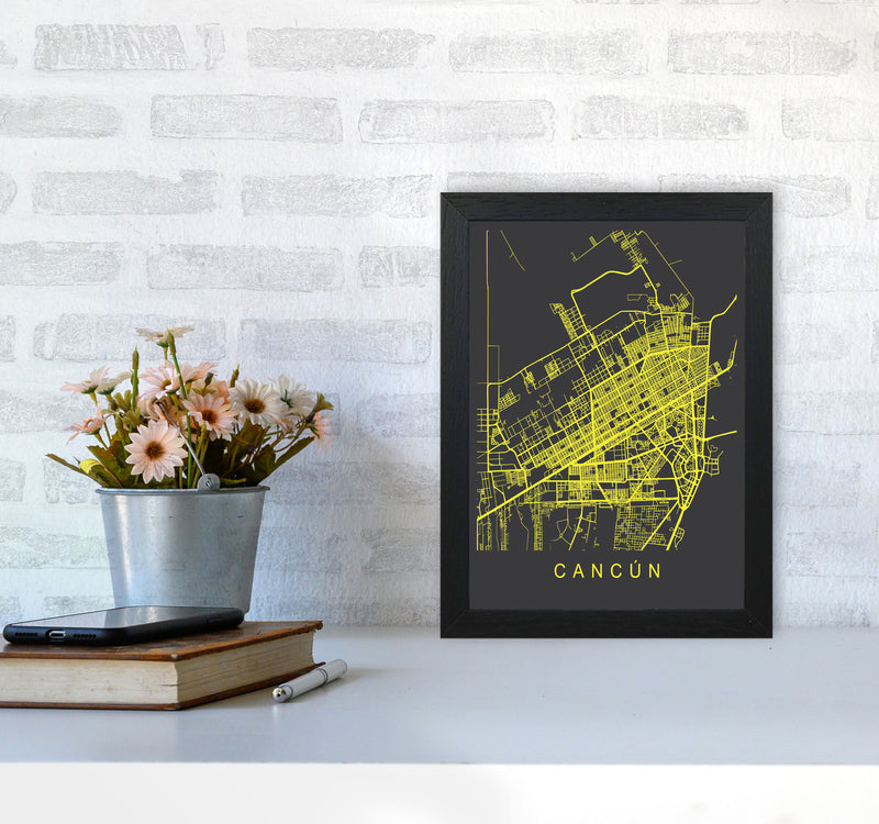 Cancun Map Neon Art Print by Pixy Paper A4 White Frame