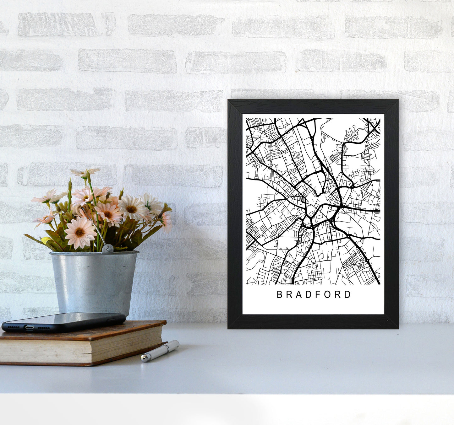 Bradford Map Art Print by Pixy Paper A4 White Frame