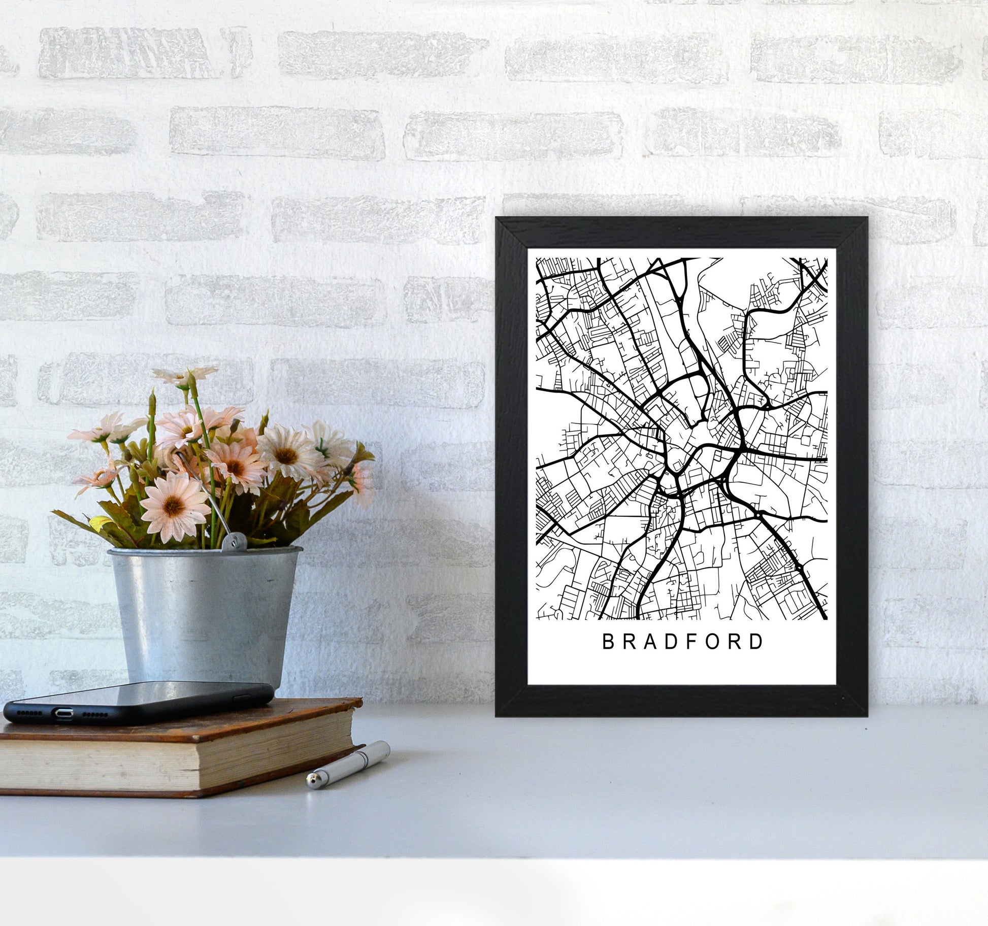 Bradford Map Art Print by Pixy Paper A4 White Frame