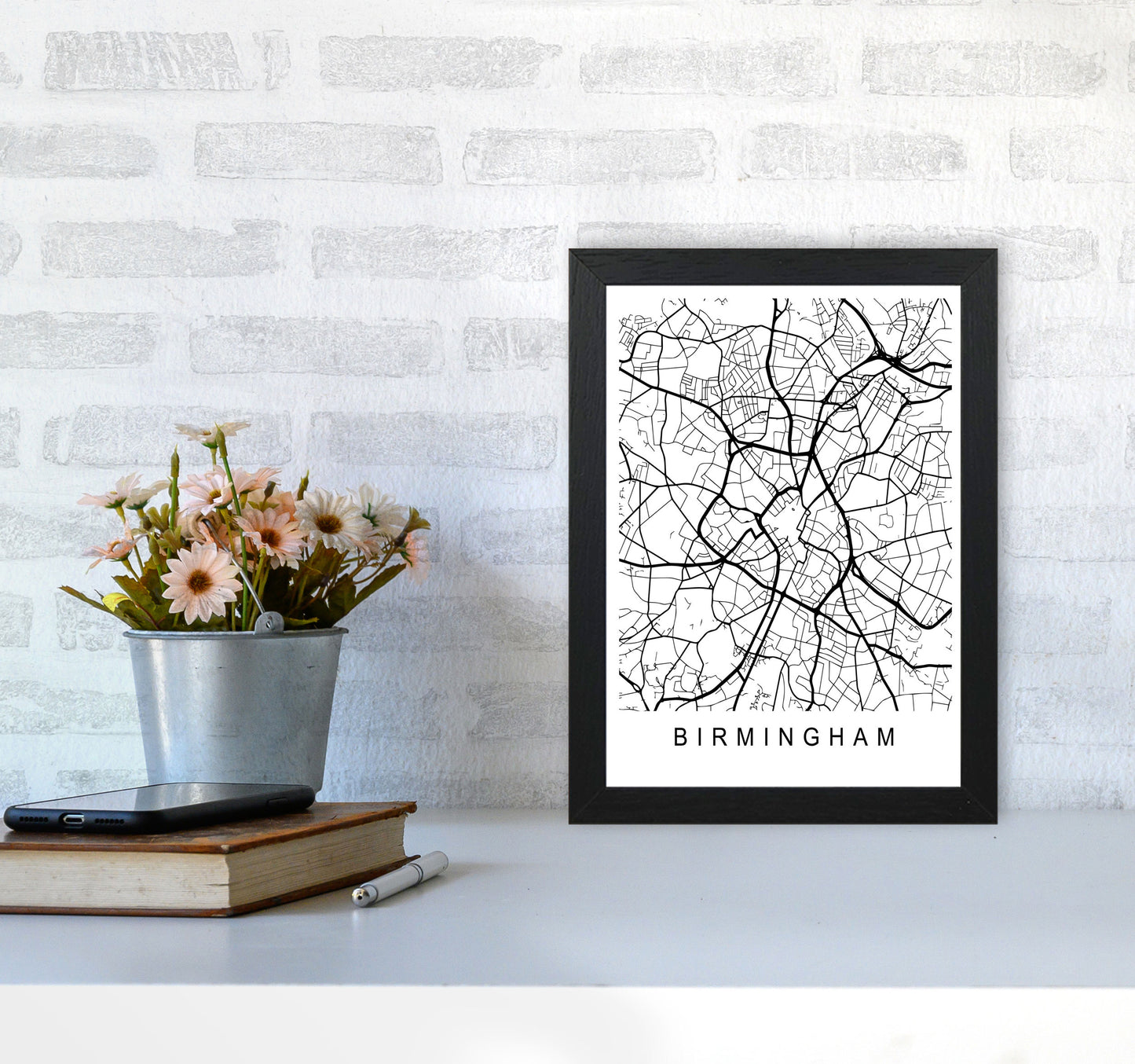 Birmingham Map Art Print by Pixy Paper A4 White Frame