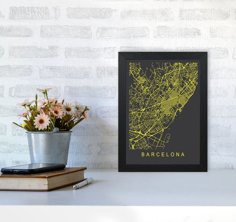 Barcelona Map Neon Art Print by Pixy Paper A4 White Frame