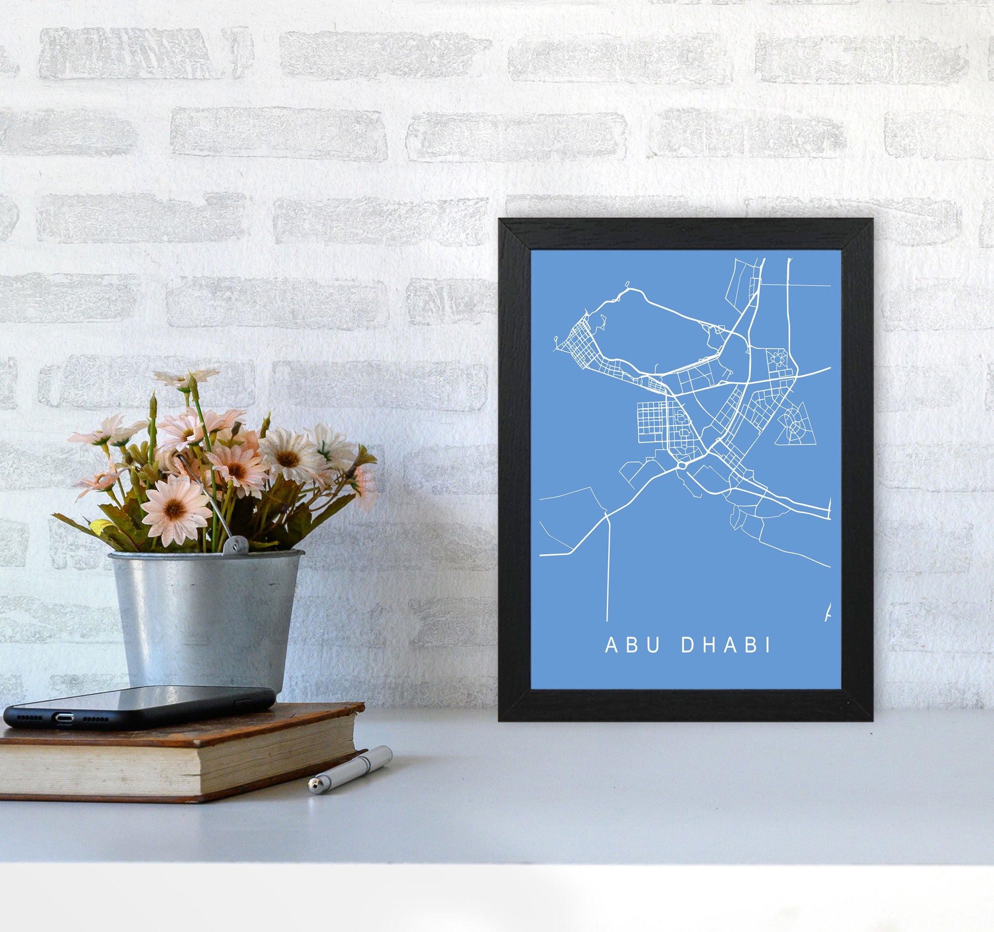Abu Dhabi Map Blueprint Art Print by Pixy Paper A4 White Frame