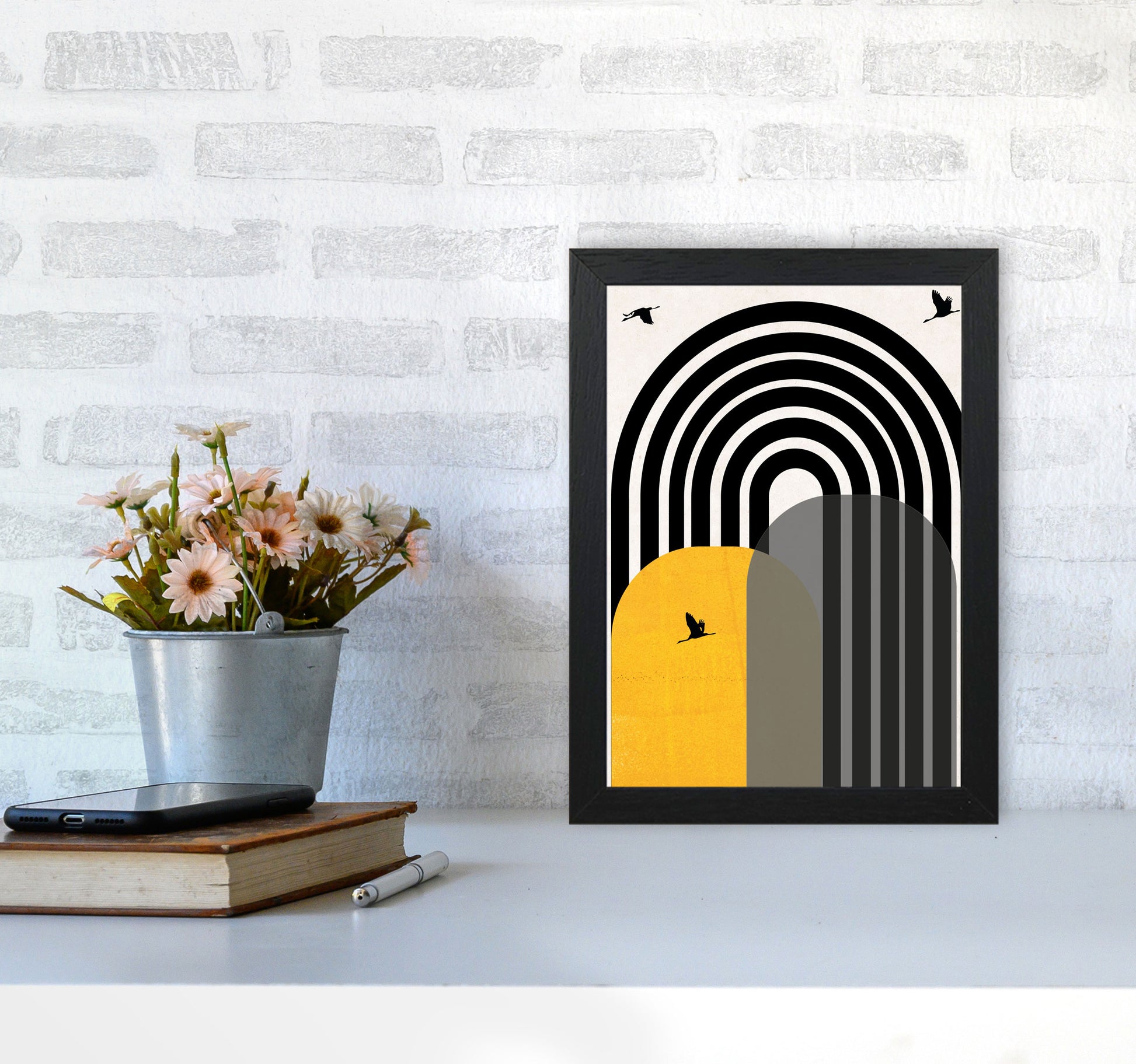 Giant rainbow with birds mustard Art Print by Pixy Paper A4 White Frame