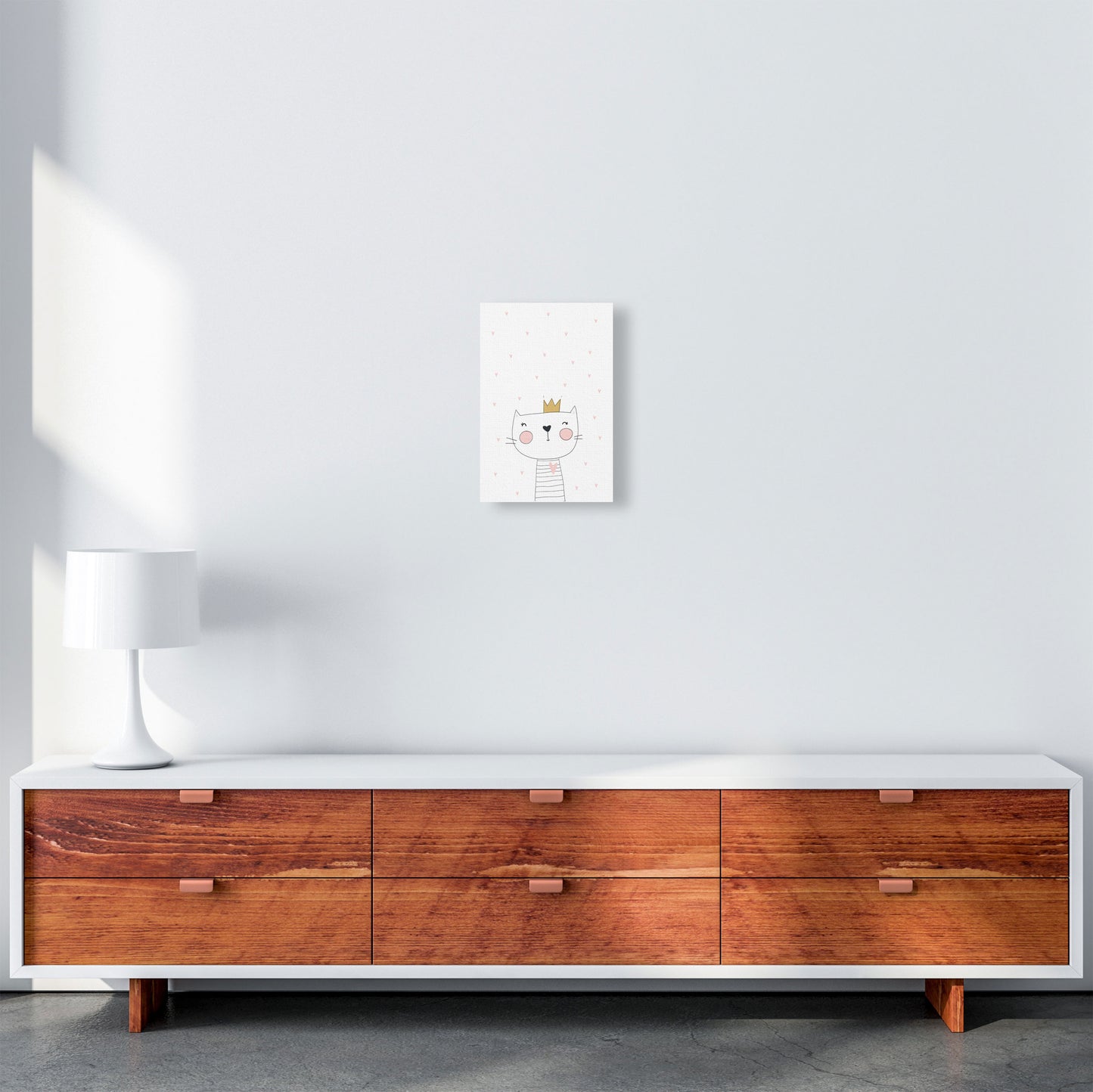 Scandi Cute Cat With Crown And Stars Framed Nursey Wall Art Print A4 Canvas