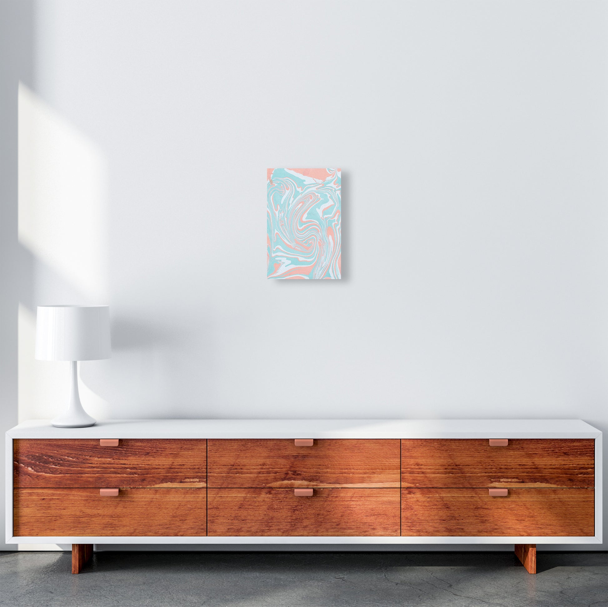 Liquid Mix Turquoise And Salmon  Art Print by Pixy Paper A4 Canvas