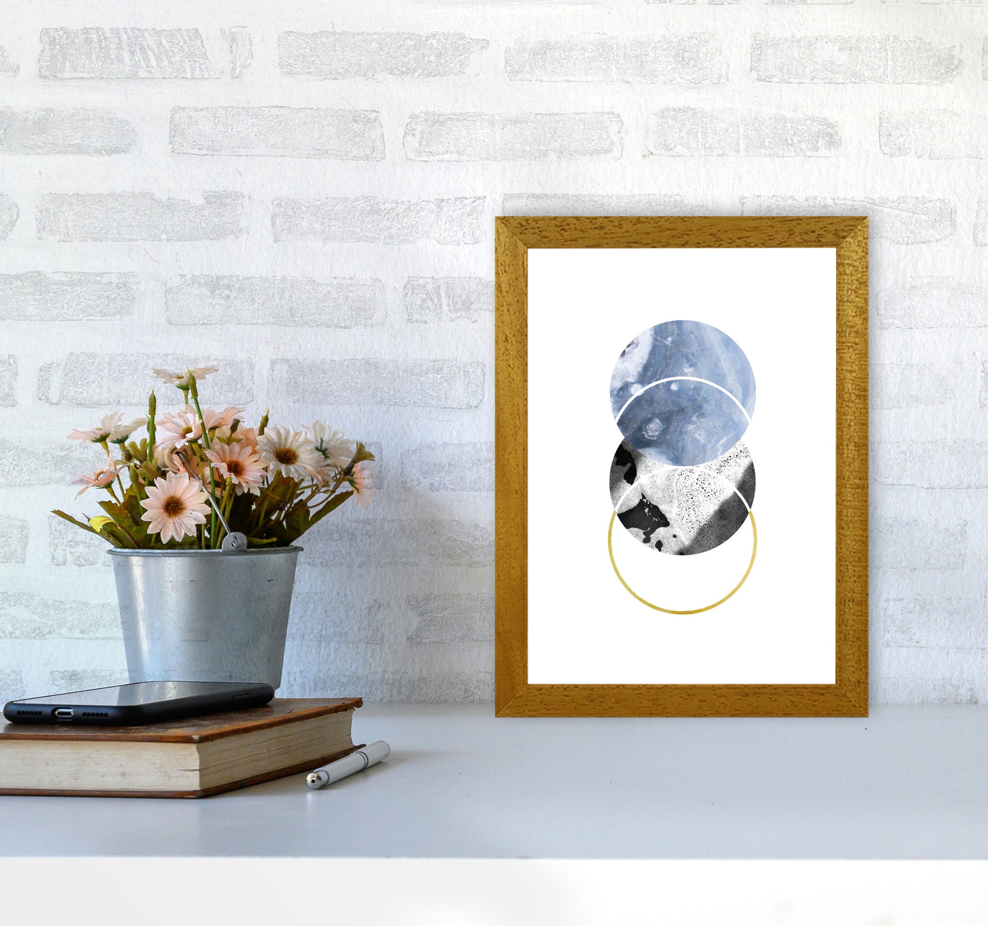 Blue And Gold Abstract Circles Modern Print A4 Print Only