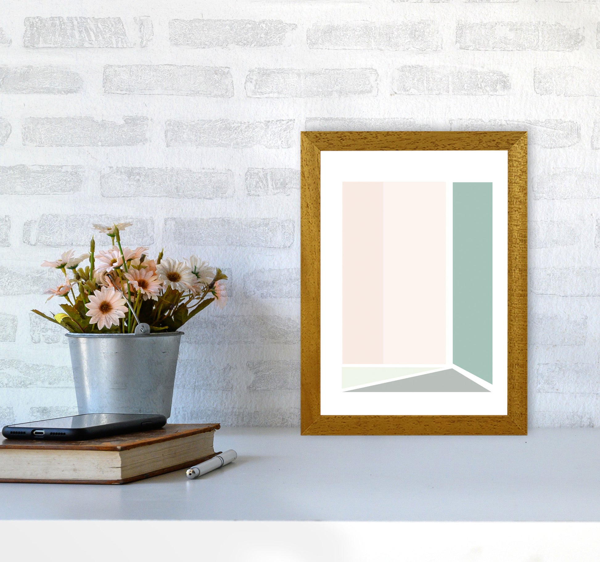 Peach, Green And Grey Abstract Rectangle Modern Print A4 Print Only