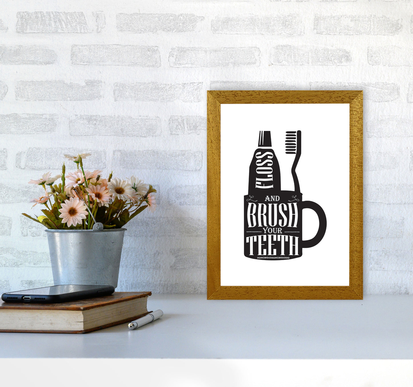 Brush Your Teeth, Bathroom Modern Print, Framed Bathroom Wall Art A4 Print Only
