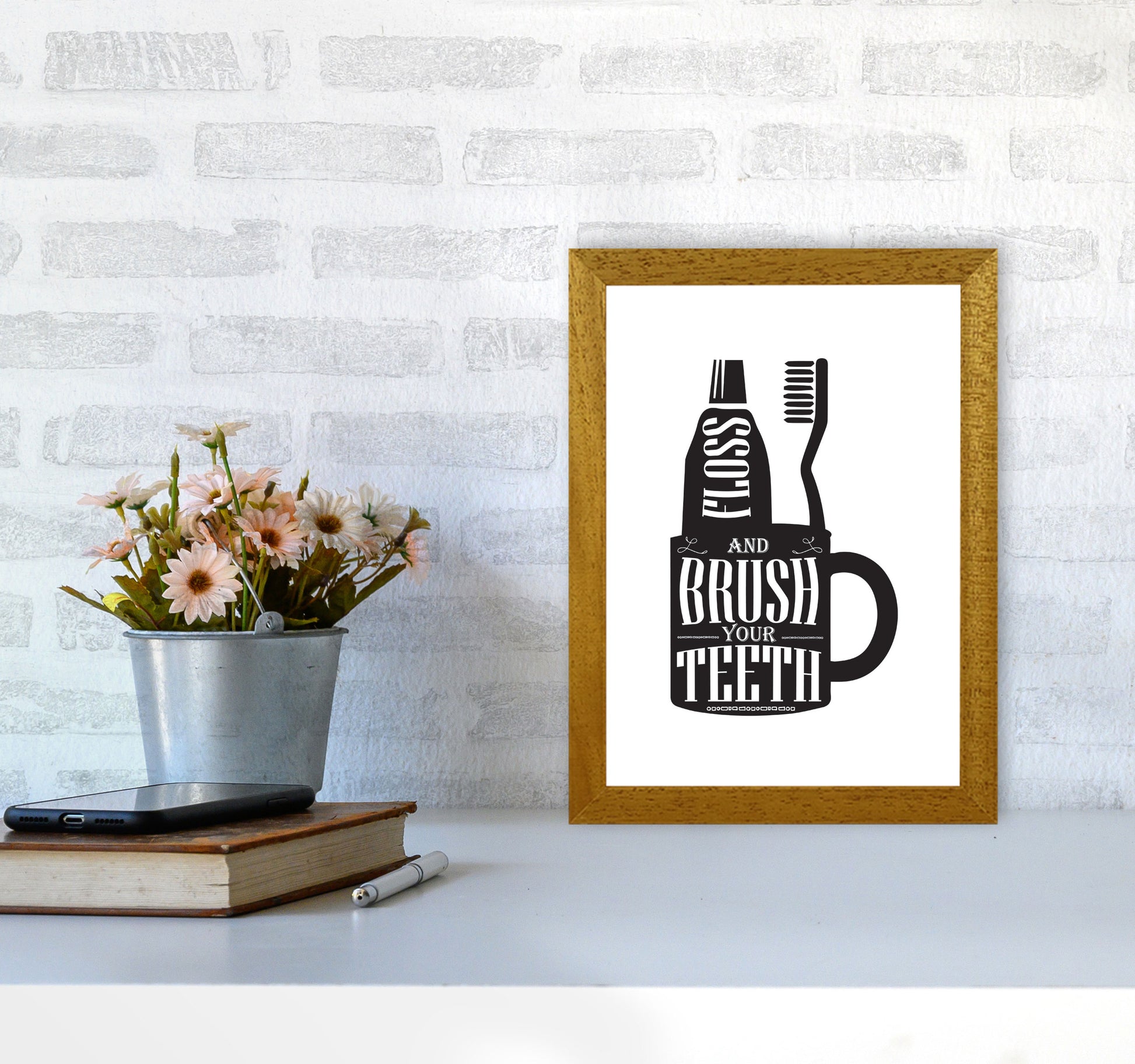 Brush Your Teeth, Bathroom Modern Print, Framed Bathroom Wall Art A4 Print Only