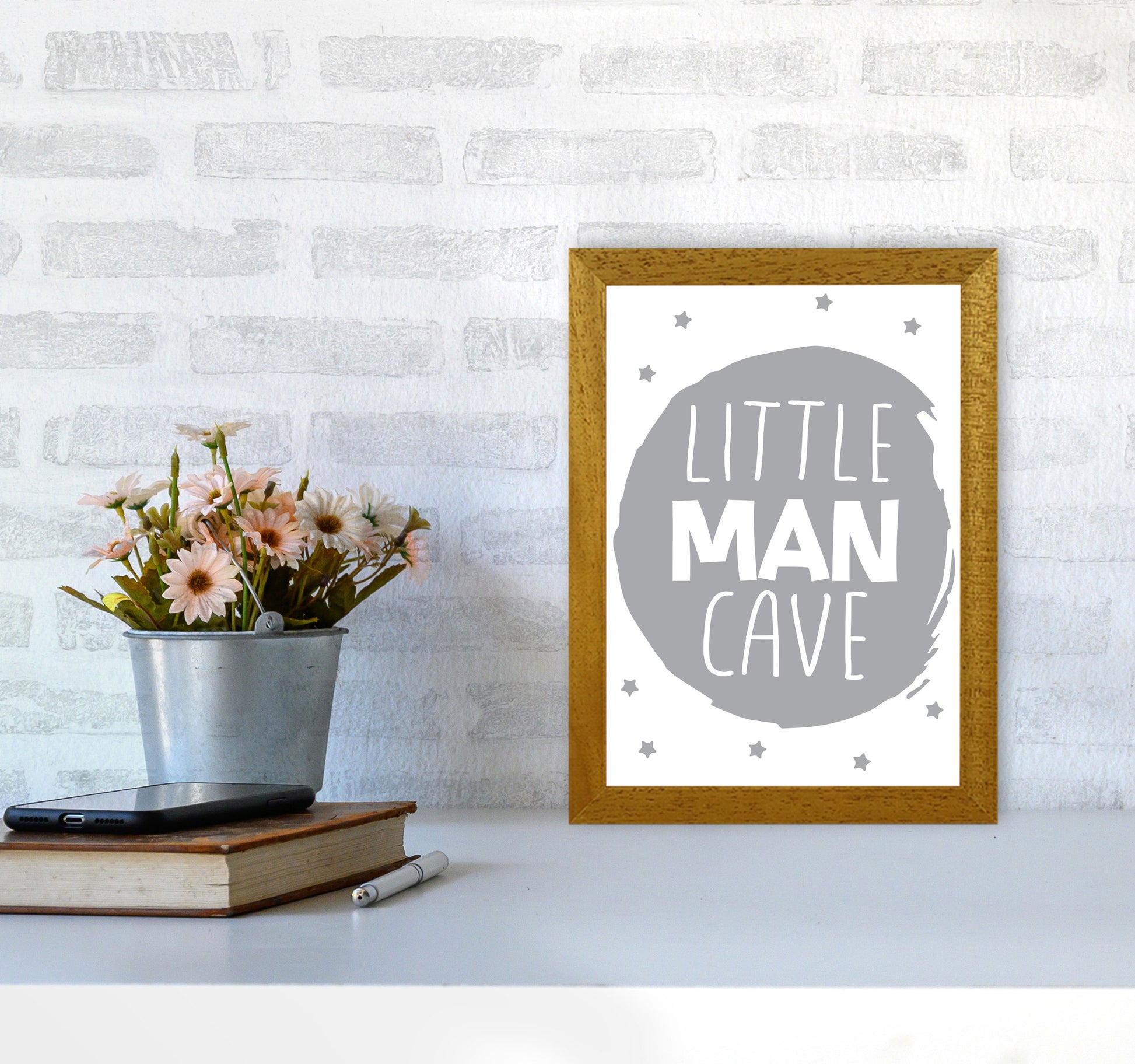 Little Man Cave Grey Circle Framed Nursey Wall Art Print A4 Print Only