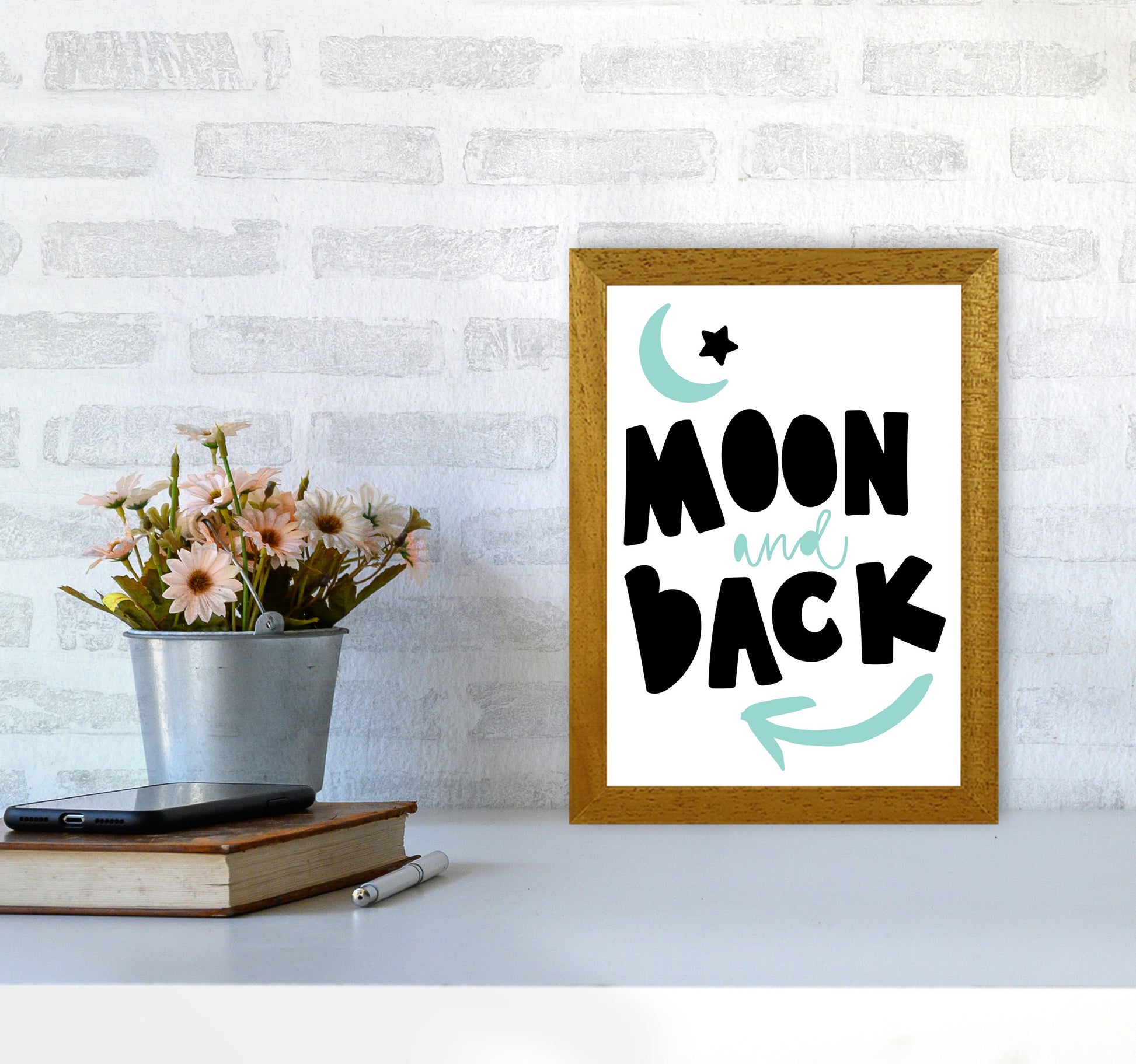 Moon And Back Black And Mint Framed Typography Wall Art Print A4 Print Only
