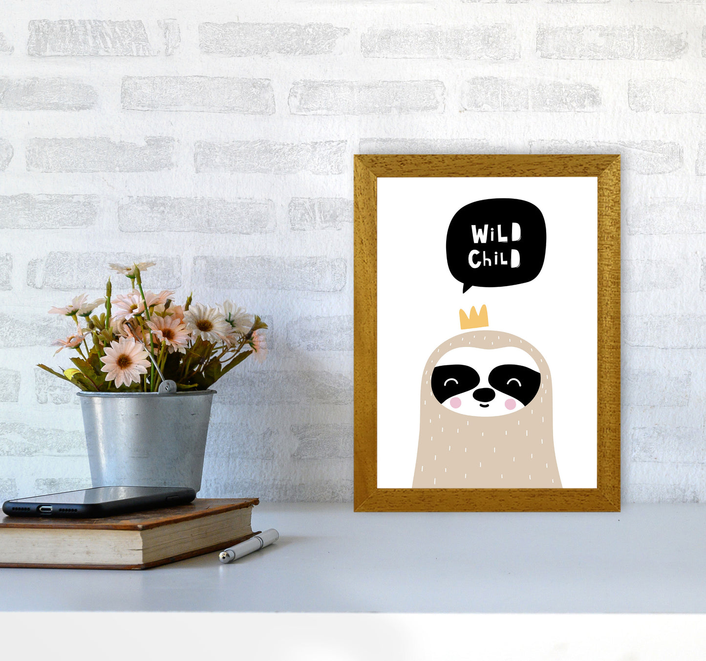 Wild Child Sloth Framed Nursey Wall Art Print A4 Print Only