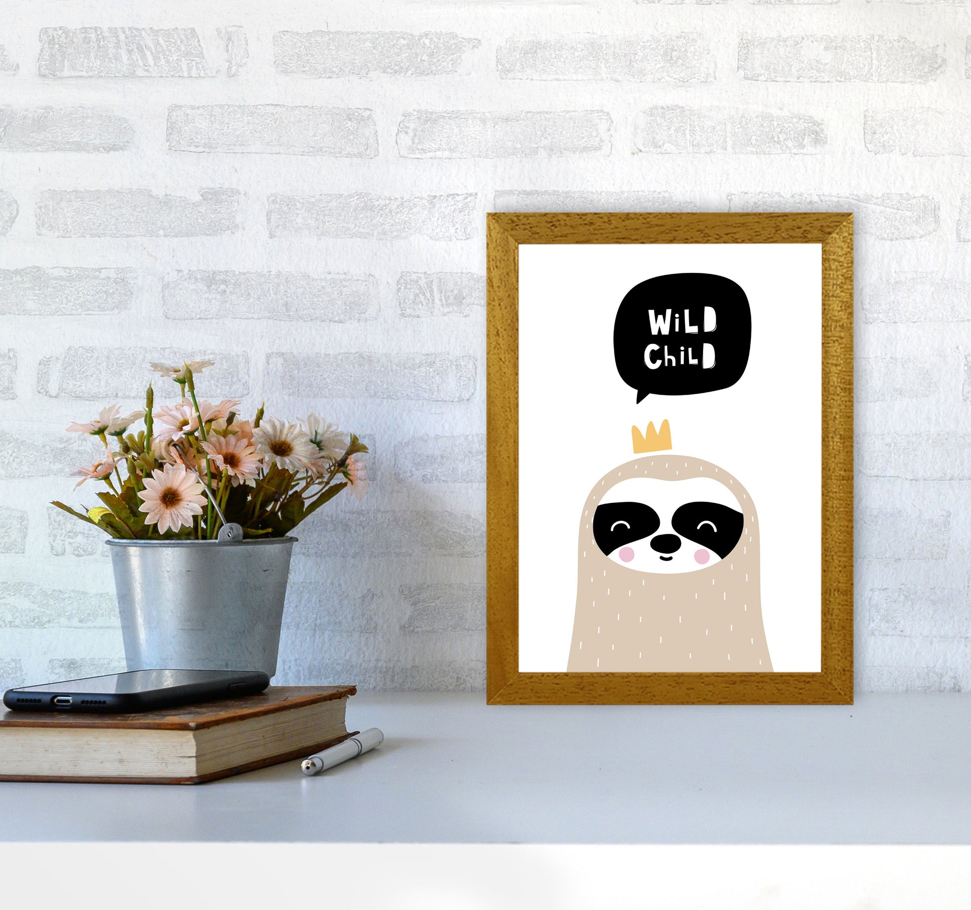 Wild Child Sloth Framed Nursey Wall Art Print A4 Print Only