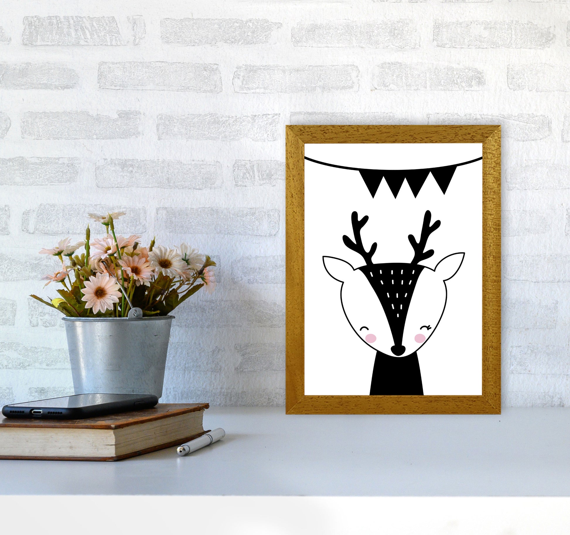 Scandi Black Deer With Banner Framed Nursey Wall Art Print A4 Print Only