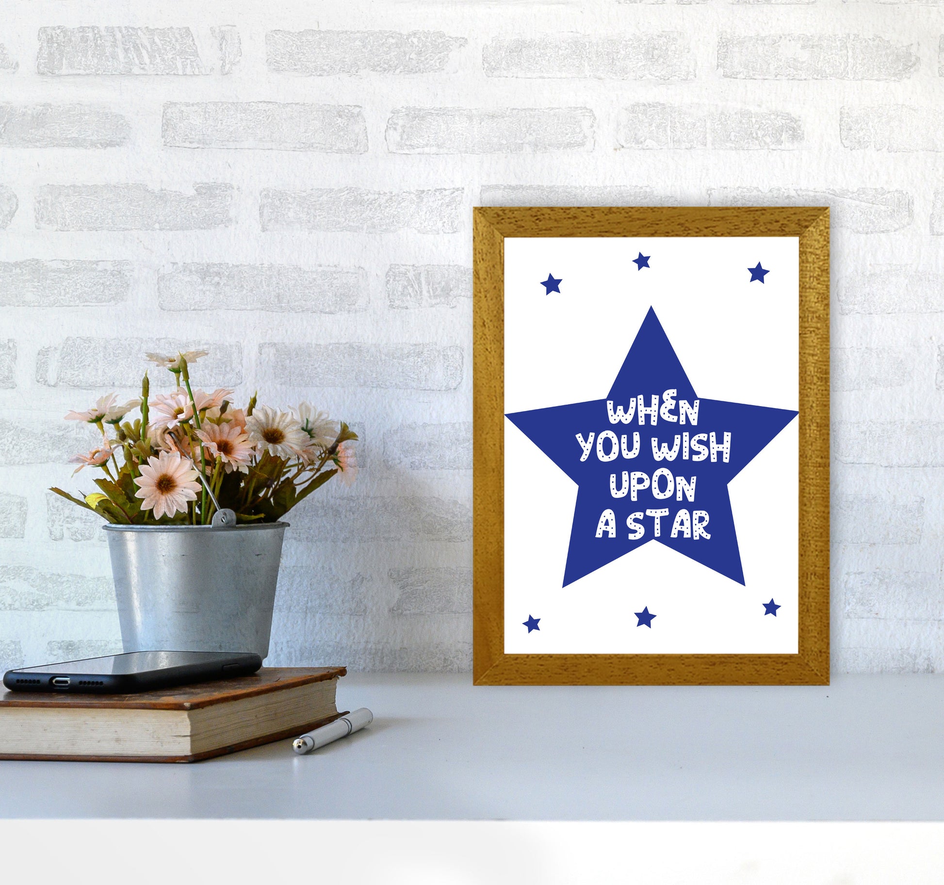 Wish Upon A Star Navy Framed Nursey Wall Art Print A4 Print Only