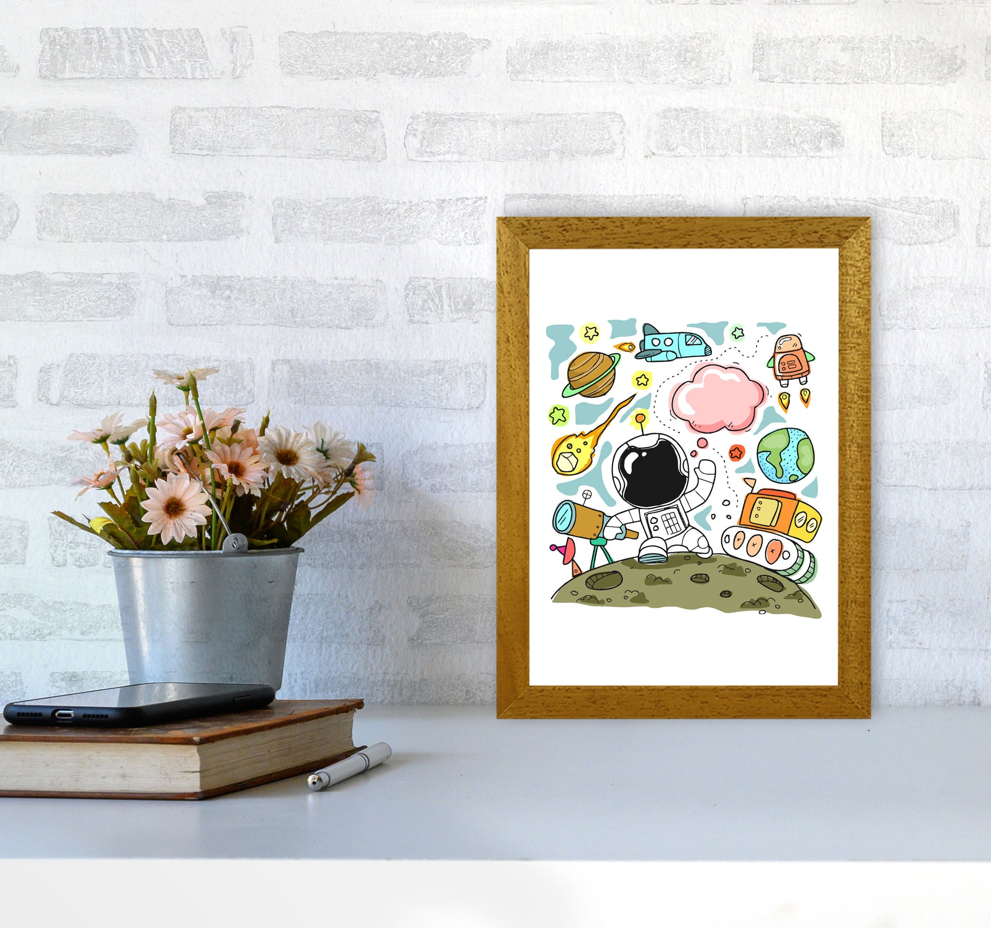 Space Illustration Framed Nursey Wall Art Print A4 Print Only