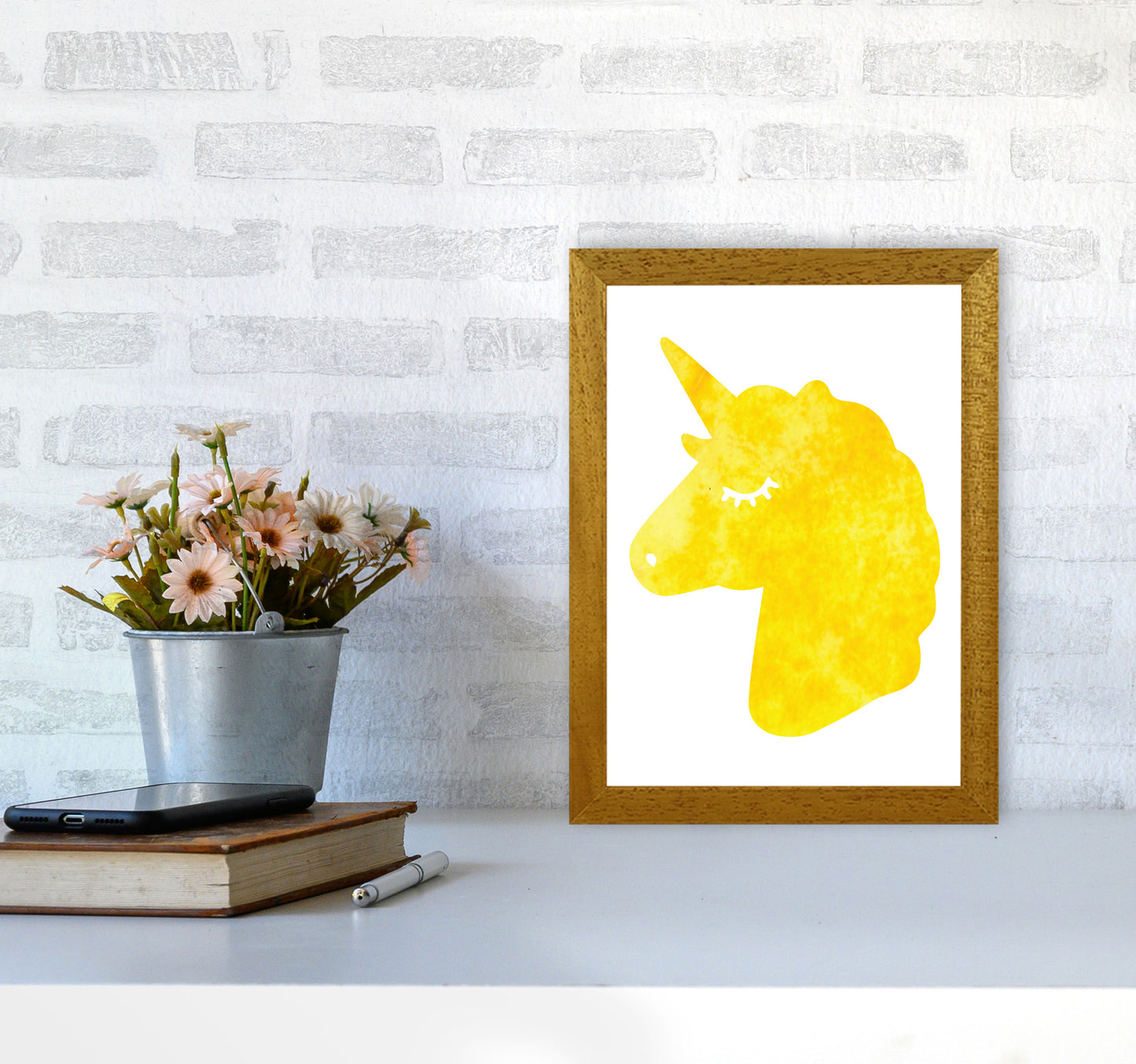 Unicorn Yellow Silhouette Watercolour Modern Print A4 Print Only