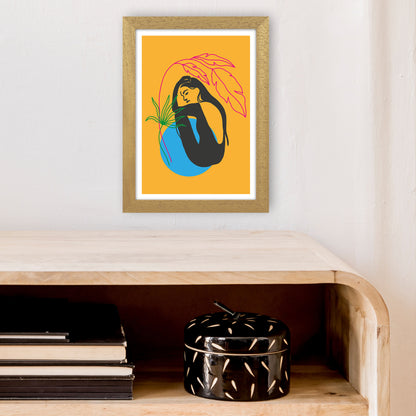Girl Under Plant Yellow Neon Funk  Art Print by Pixy Paper A4 Print Only