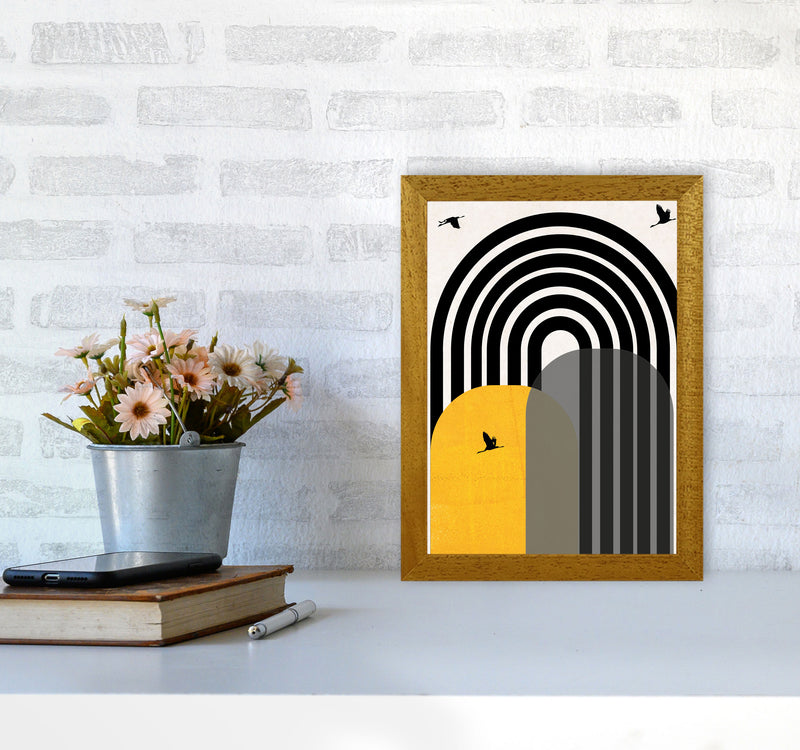 Giant rainbow with birds mustard Art Print by Pixy Paper A4 Print Only