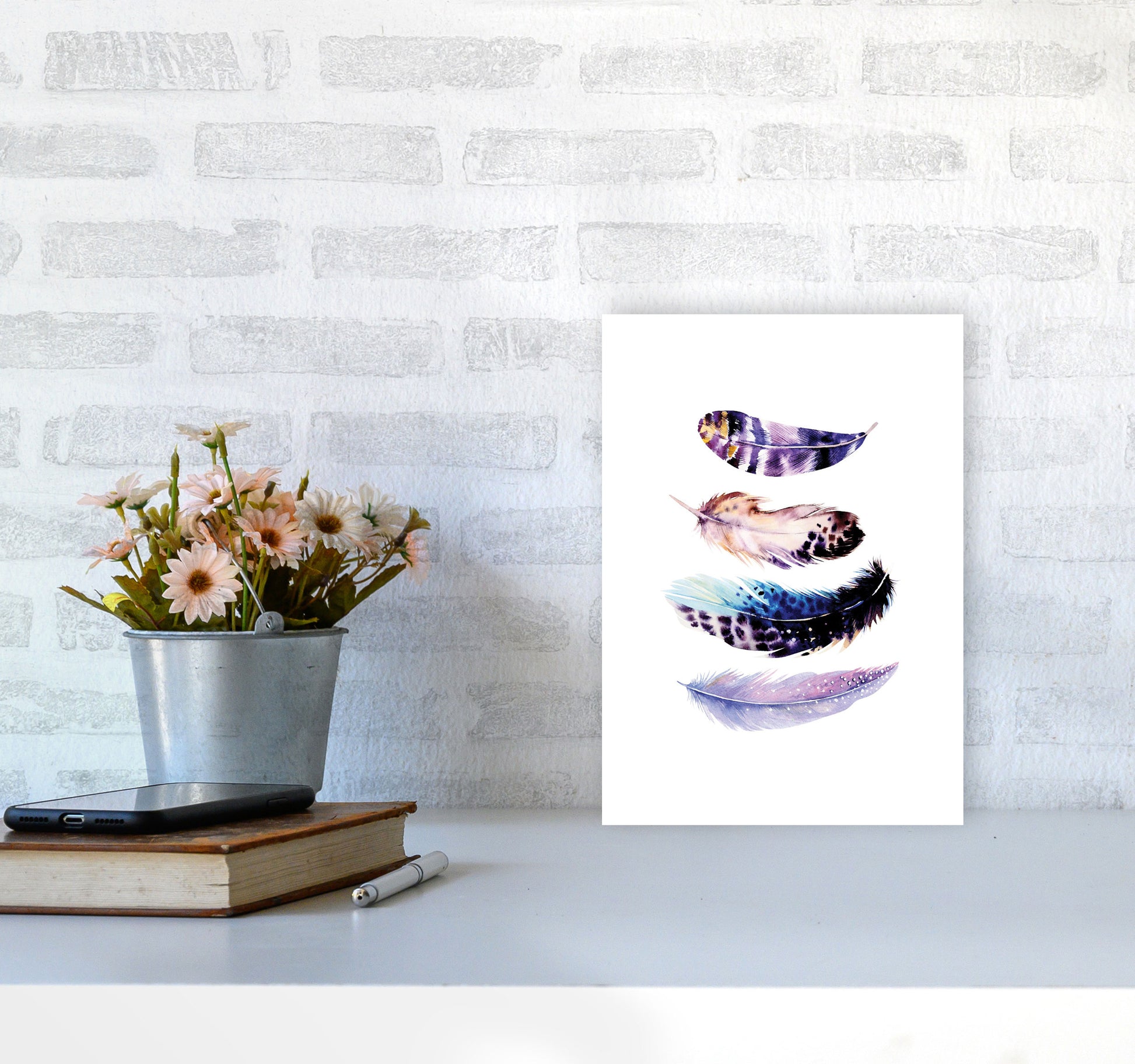 Purple Bird Feathers Abstract Modern Print A4 Black Frame