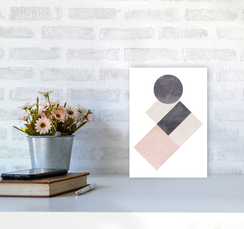 Cotton, Pink And Grey Abstract Squares And Circle Modern Print A4 Black Frame