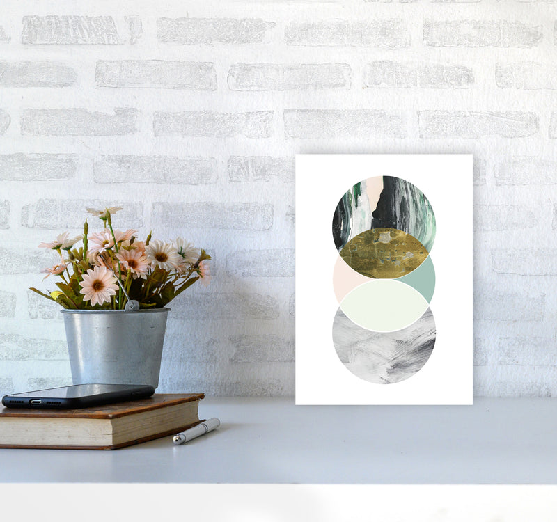 Textured Peach, Green And Grey Abstract Circles Modern Print A4 Black Frame