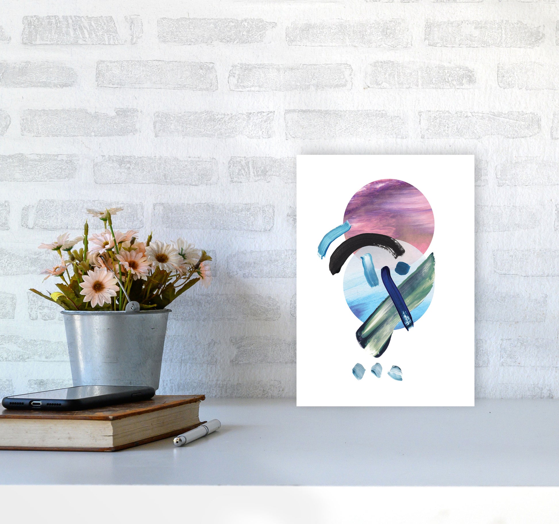 Purple And Blue Mixed Watercolour Abstract Modern Print A4 Black Frame