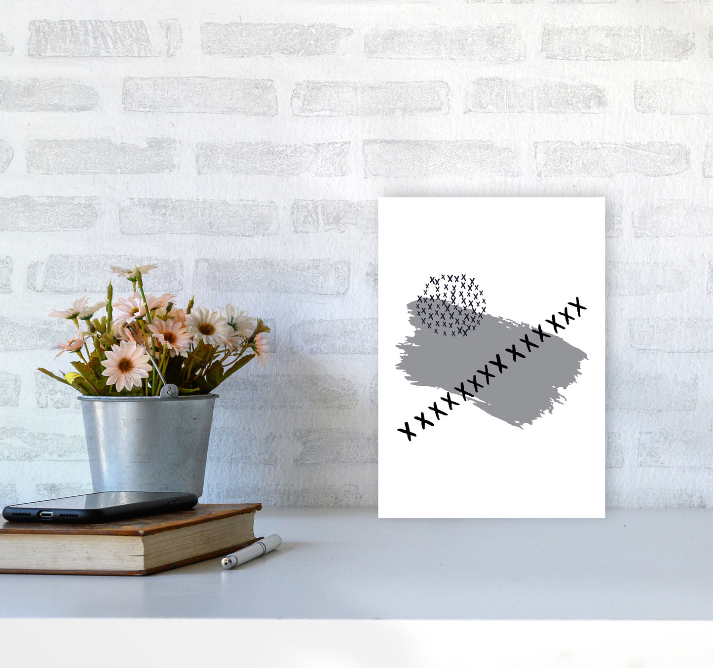 Grey X Paint Brush Abstract Modern Print A4 Black Frame