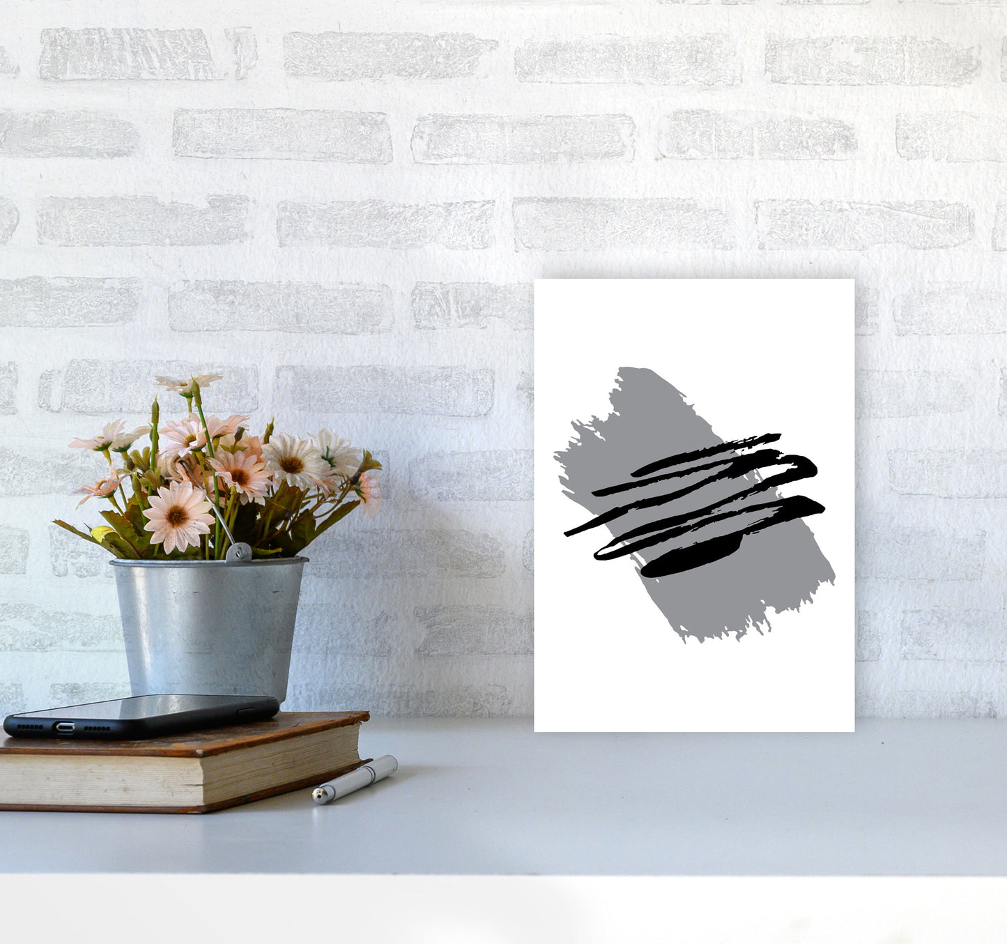 Grey Jaggered Paint Brush Abstract Modern Print A4 Black Frame