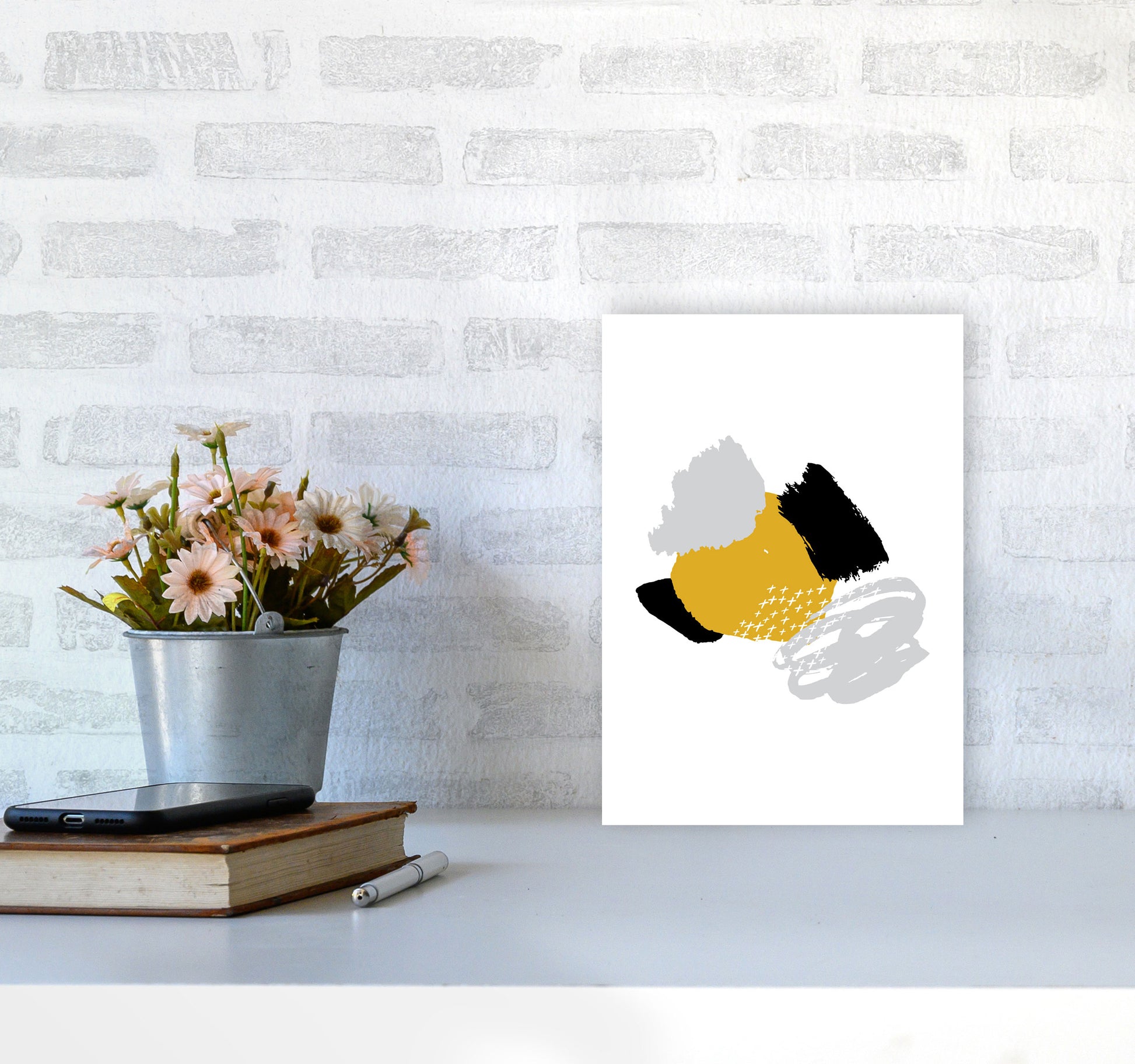 Mustard And Black Mismatch Abstract Modern Print A4 Black Frame