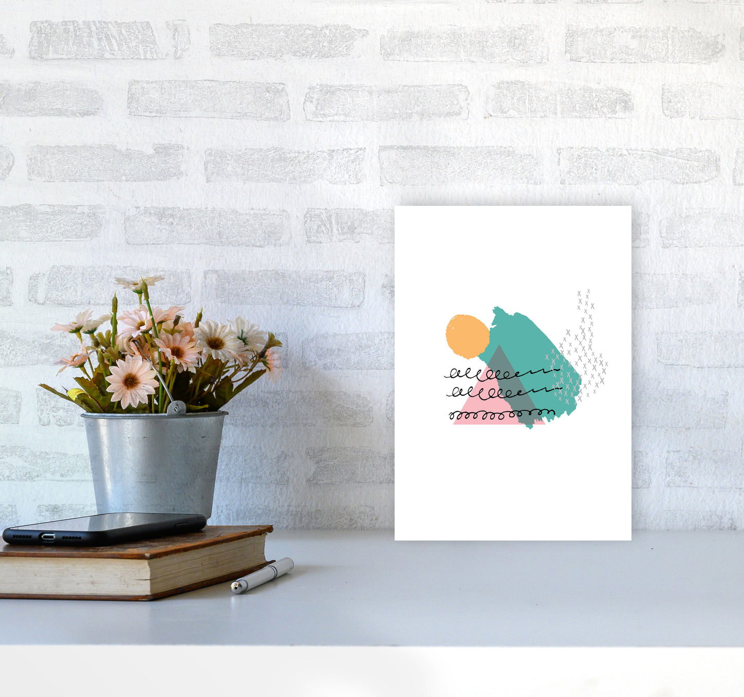 Pink And Teal Mountain Sun Abstract Modern Print A4 Black Frame