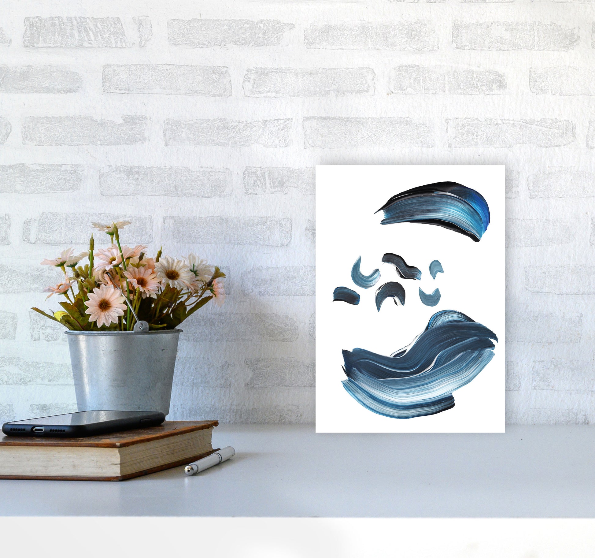 Dark Blue And Grey Abstract Paint Strokes Modern Print A4 Black Frame