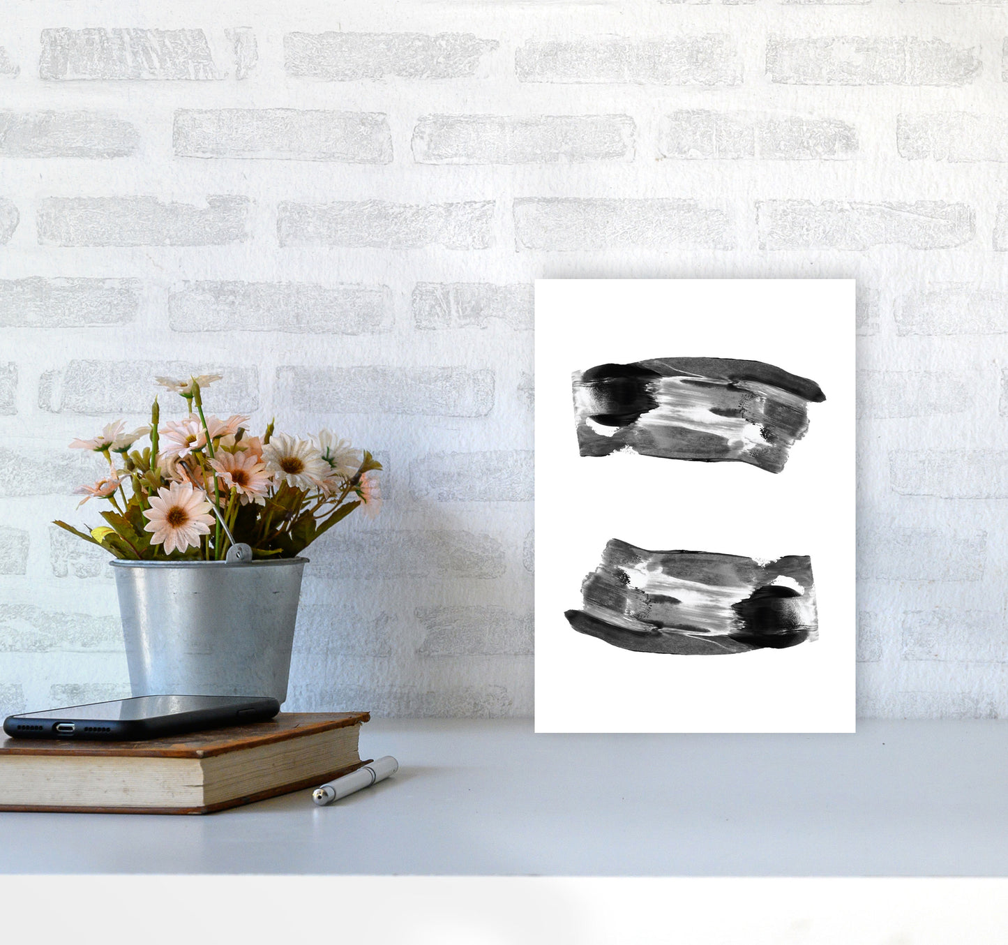 Black Abstract Paint Strokes Modern Print A4 Black Frame