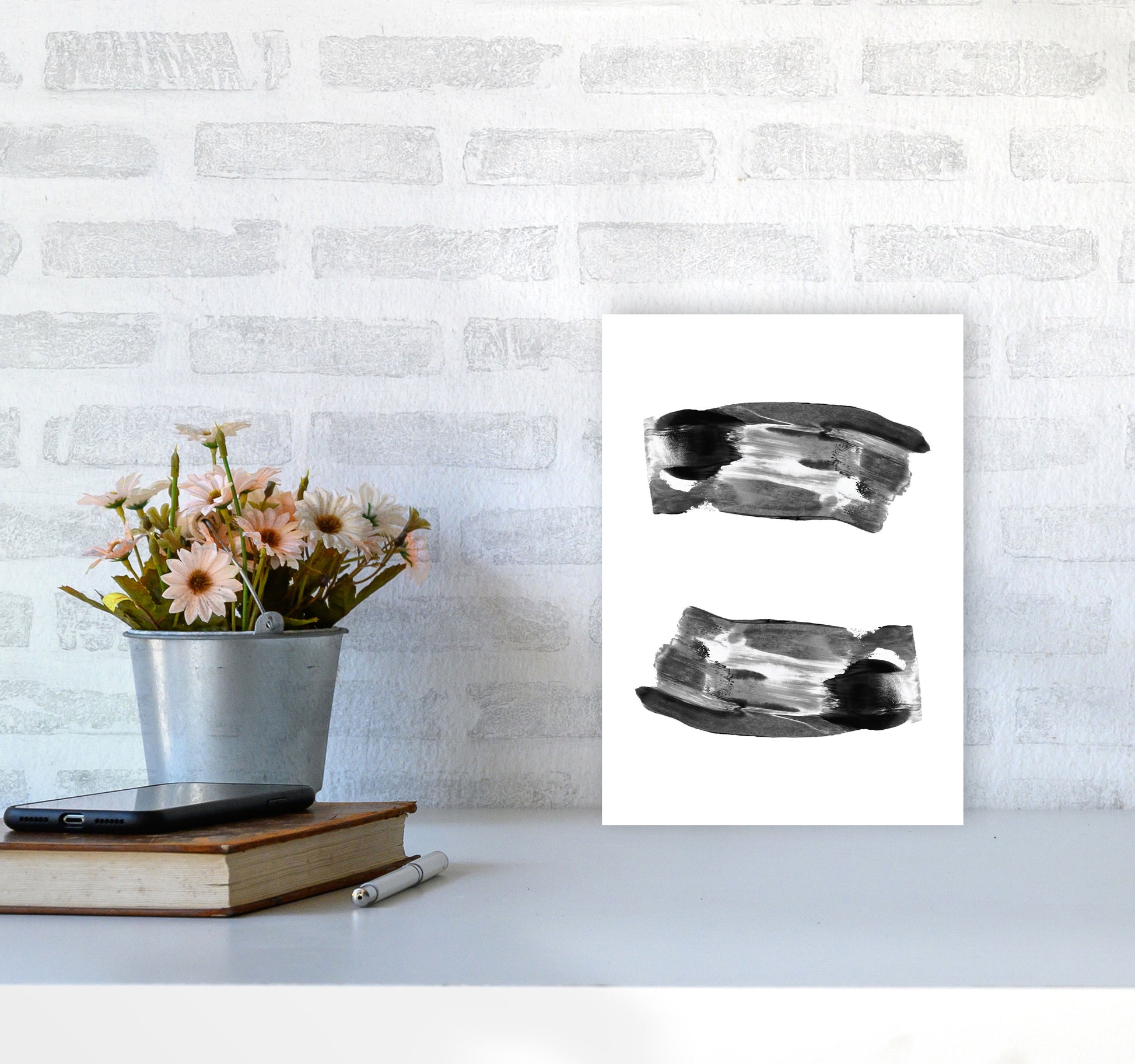 Black Abstract Paint Strokes Modern Print A4 Black Frame