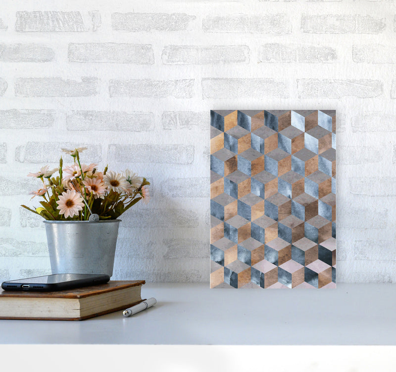 Blue, Grey And Brown Abstract Watercolour Box Modern Print A4 Black Frame