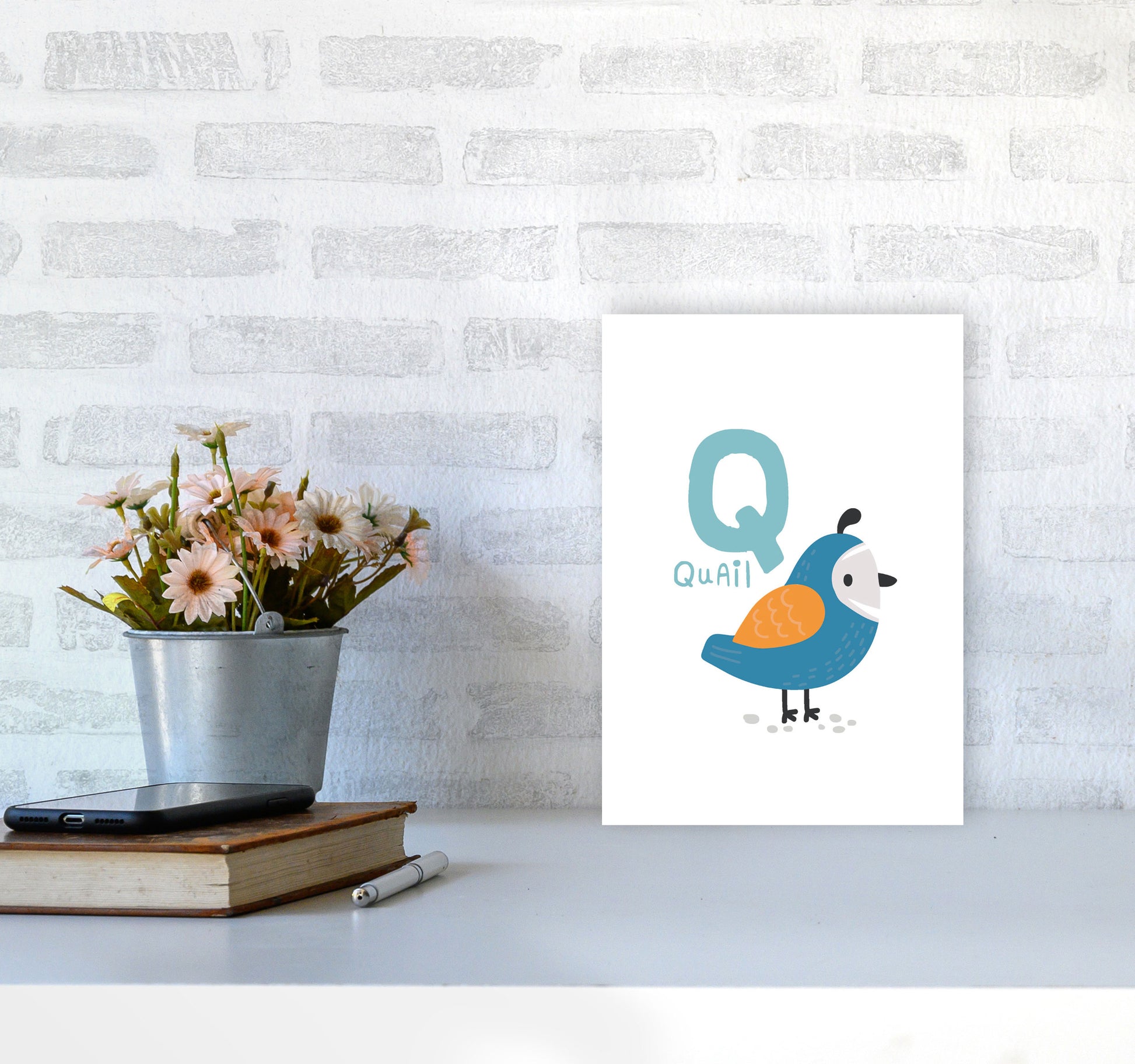 Alphabet Animals, Q Is For Quail Framed Nursey Wall Art Print A4 Black Frame