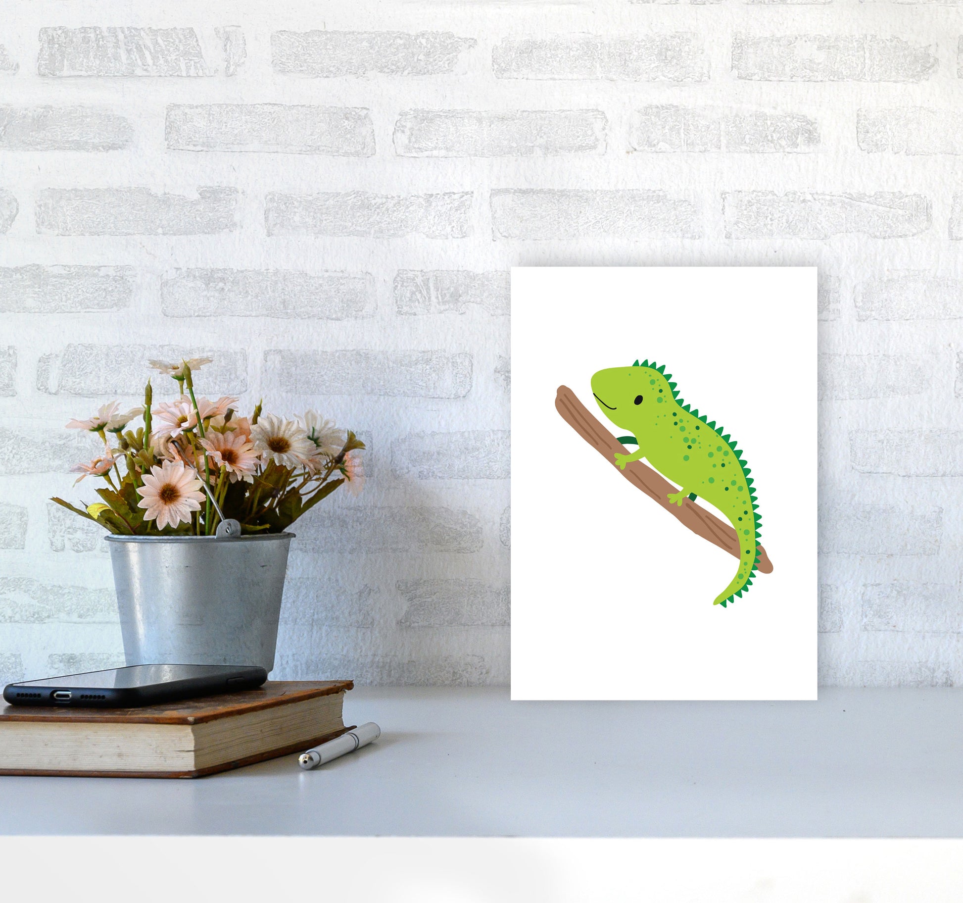 Children&#39;s Animals, Iguana Modern Print A4 Black Frame