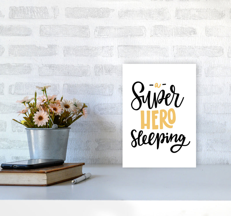 Superhero Sleeping Mustard And Black Framed Nursey Wall Art Print A4 Black Frame