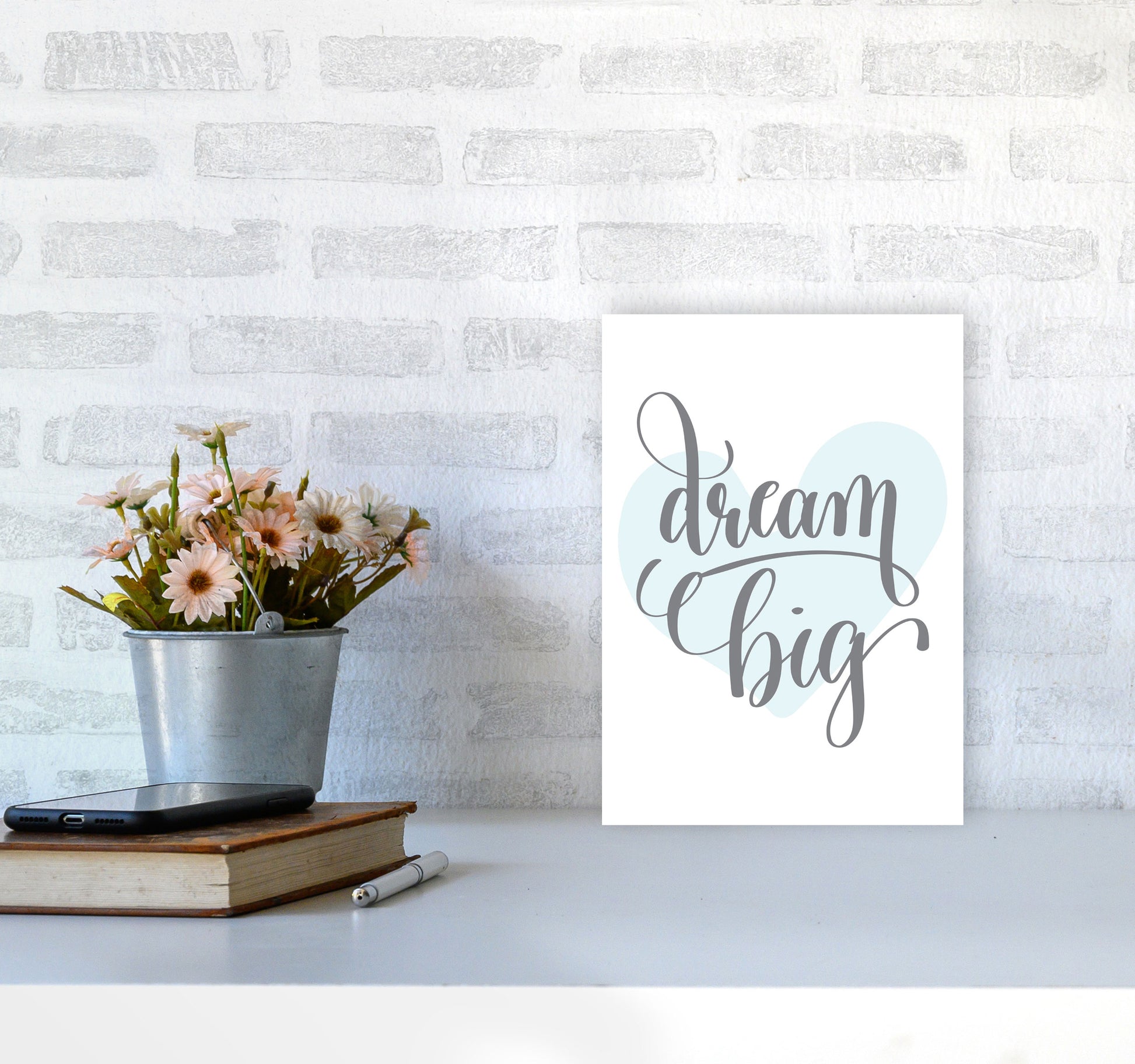 Dream Big Blue Heart Framed Nursey Wall Art Print A4 Black Frame