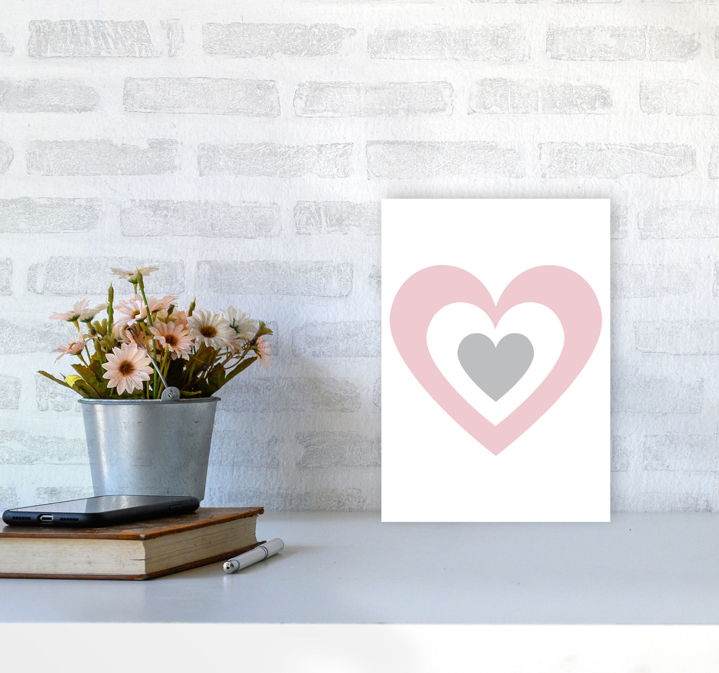Pink And Grey Heart Modern Print A4 Black Frame