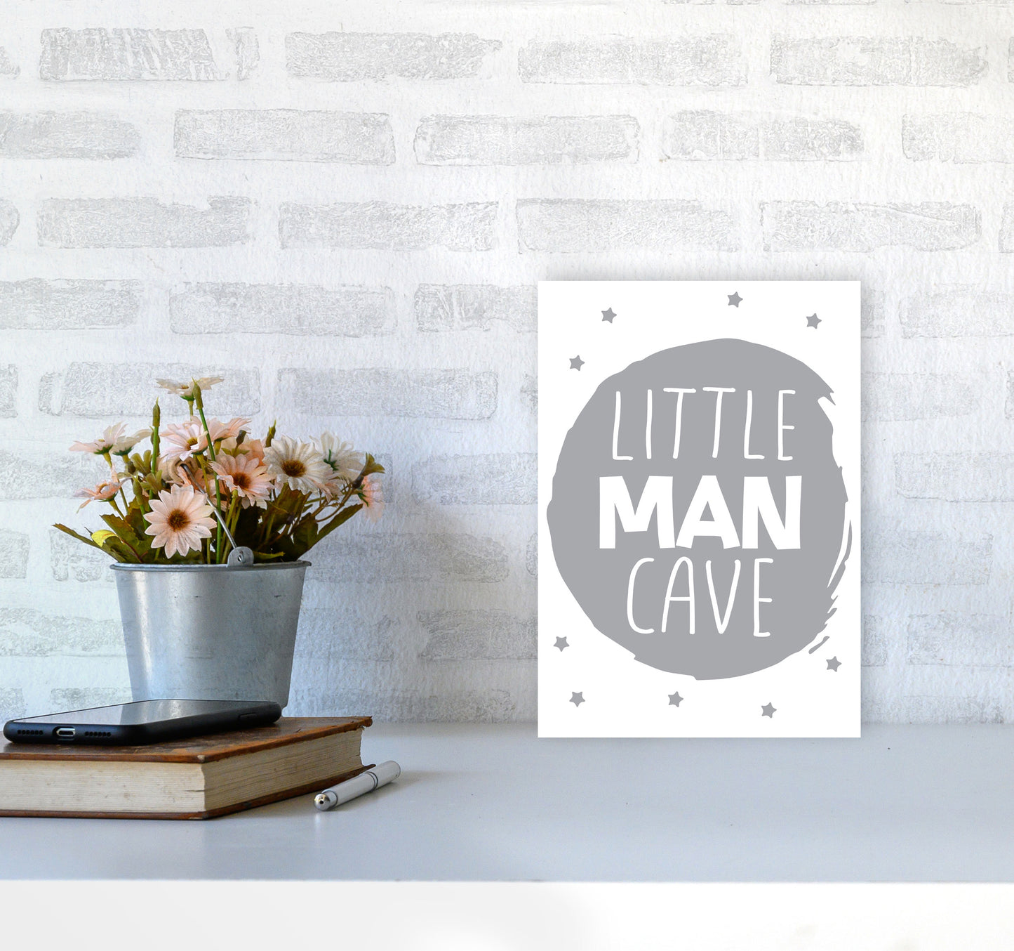 Little Man Cave Grey Circle Framed Nursey Wall Art Print A4 Black Frame