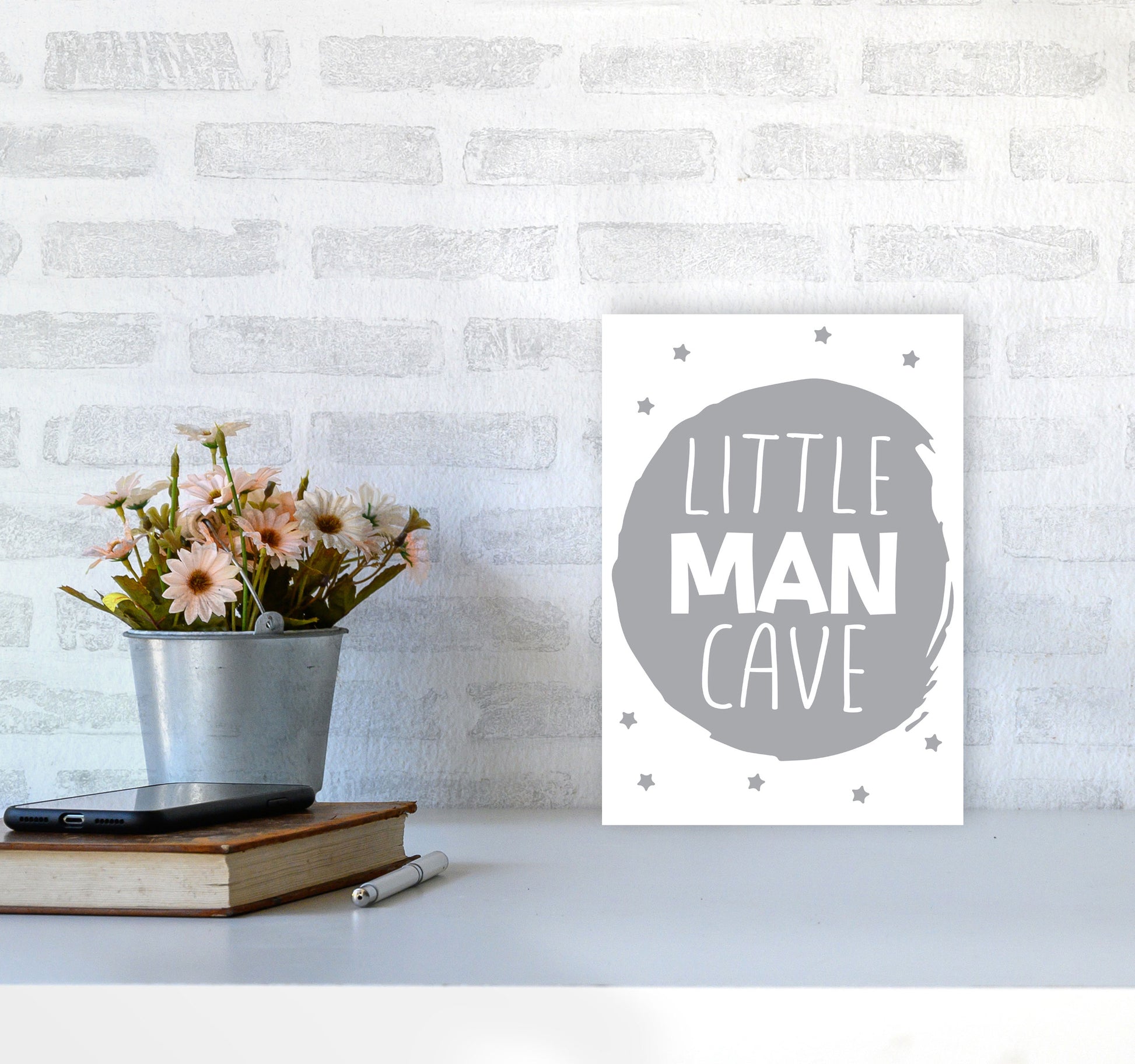 Little Man Cave Grey Circle Framed Nursey Wall Art Print A4 Black Frame