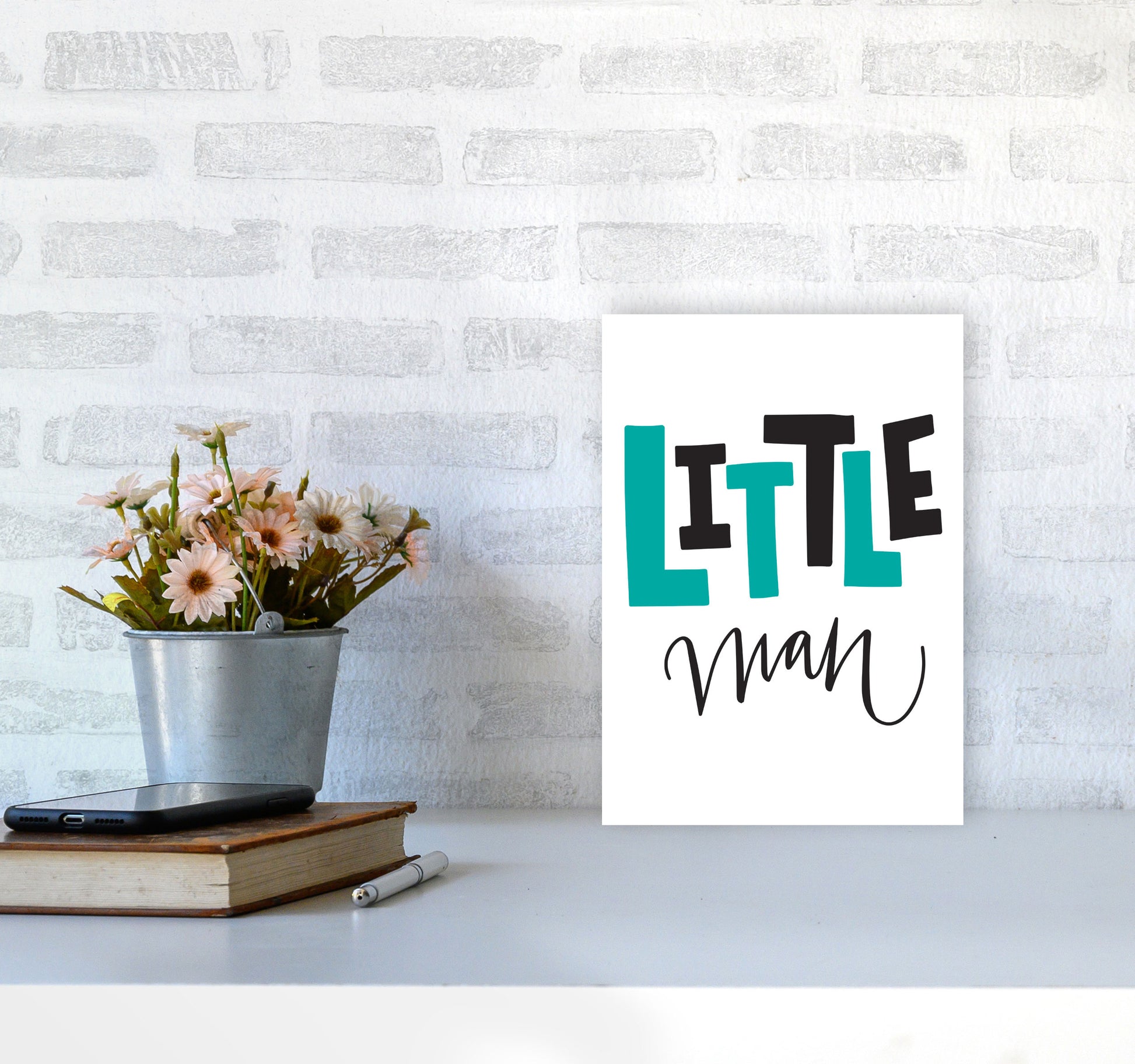 Little Man Teal And Black Framed Nursey Wall Art Print A4 Black Frame